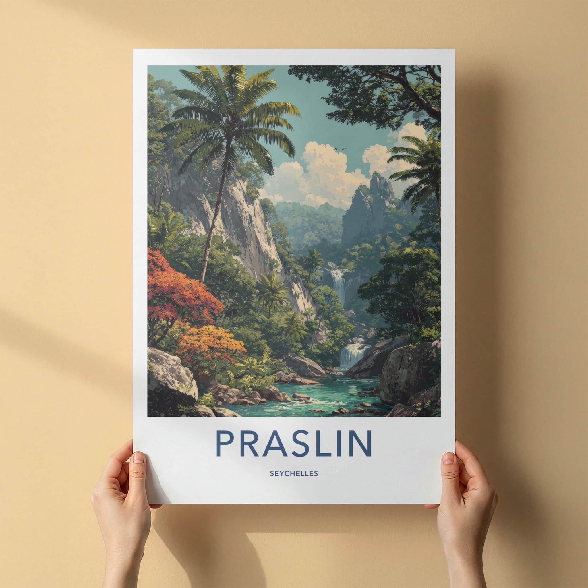 Praslin Poster - Seychelles Travel Art - Tropical Jungle Waterfall Gallery Art