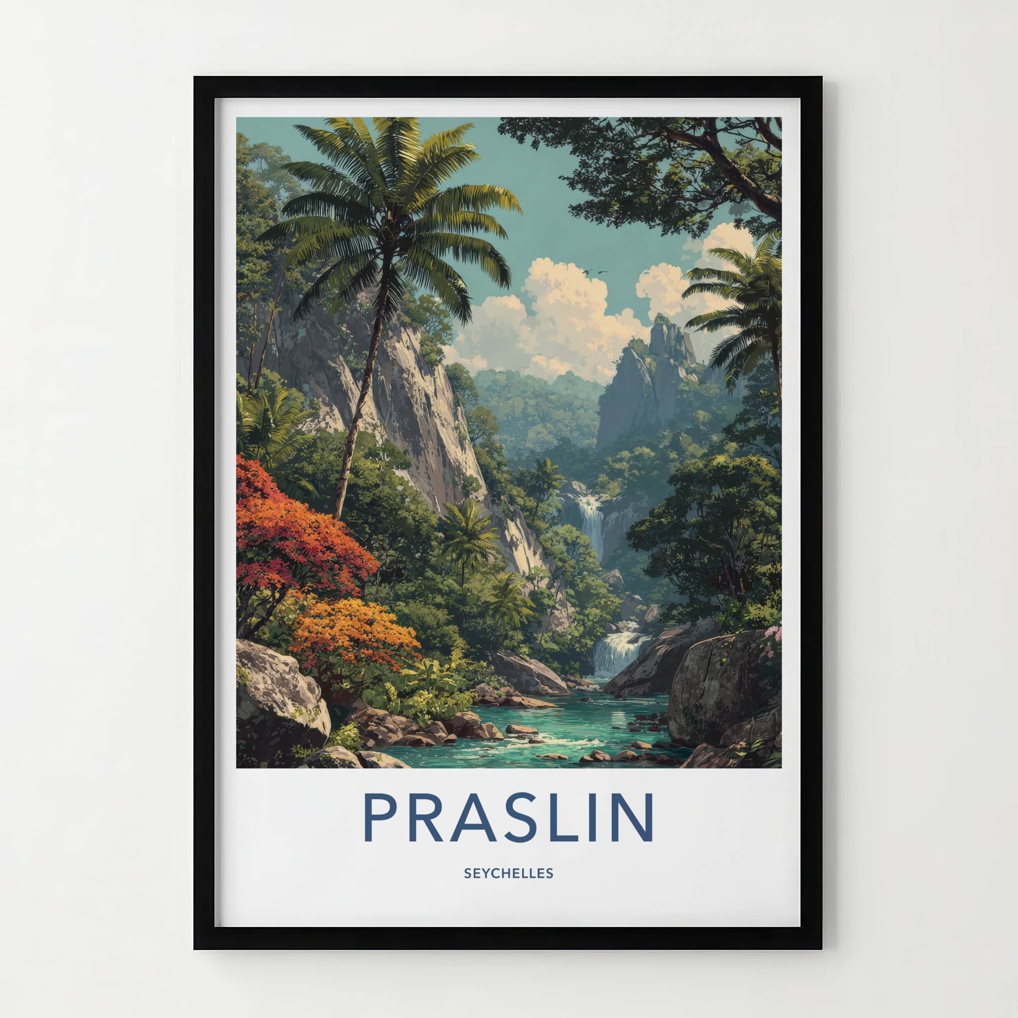 Praslin Poster - Seychelles Travel Art - Tropical Jungle Waterfall Gallery Art