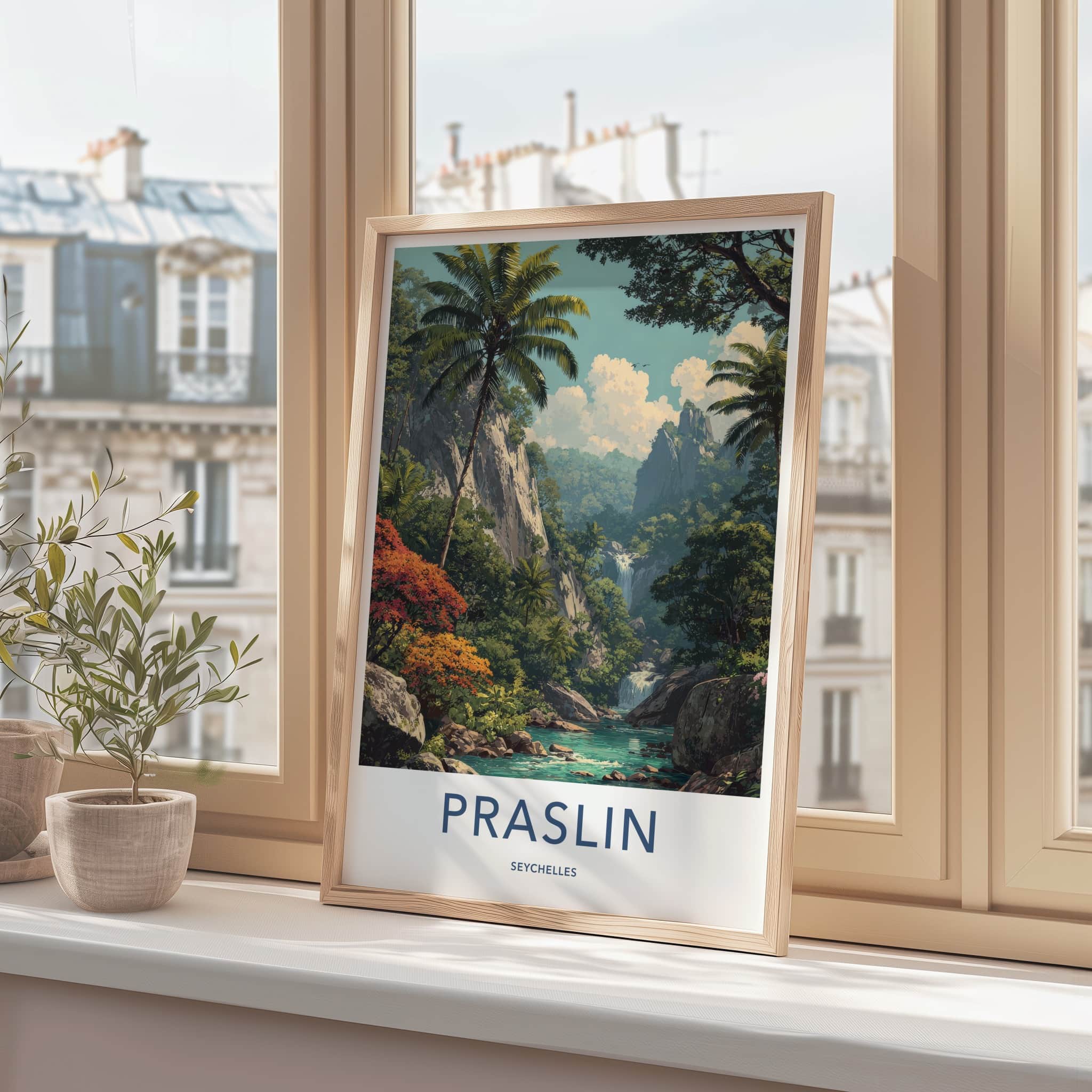 Praslin Poster - Seychelles Travel Art - Tropical Jungle Waterfall Gallery Art