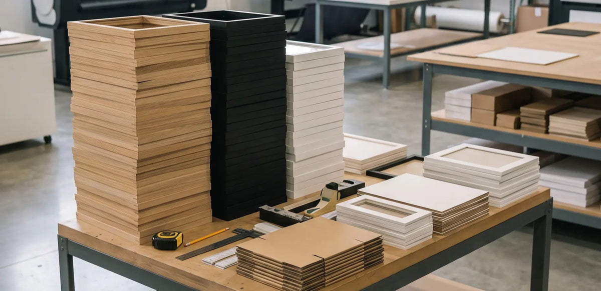 Stacks of wooden picture frames in natural, black, and white finishes arranged on a worktable in Artfultravelpast workshop.