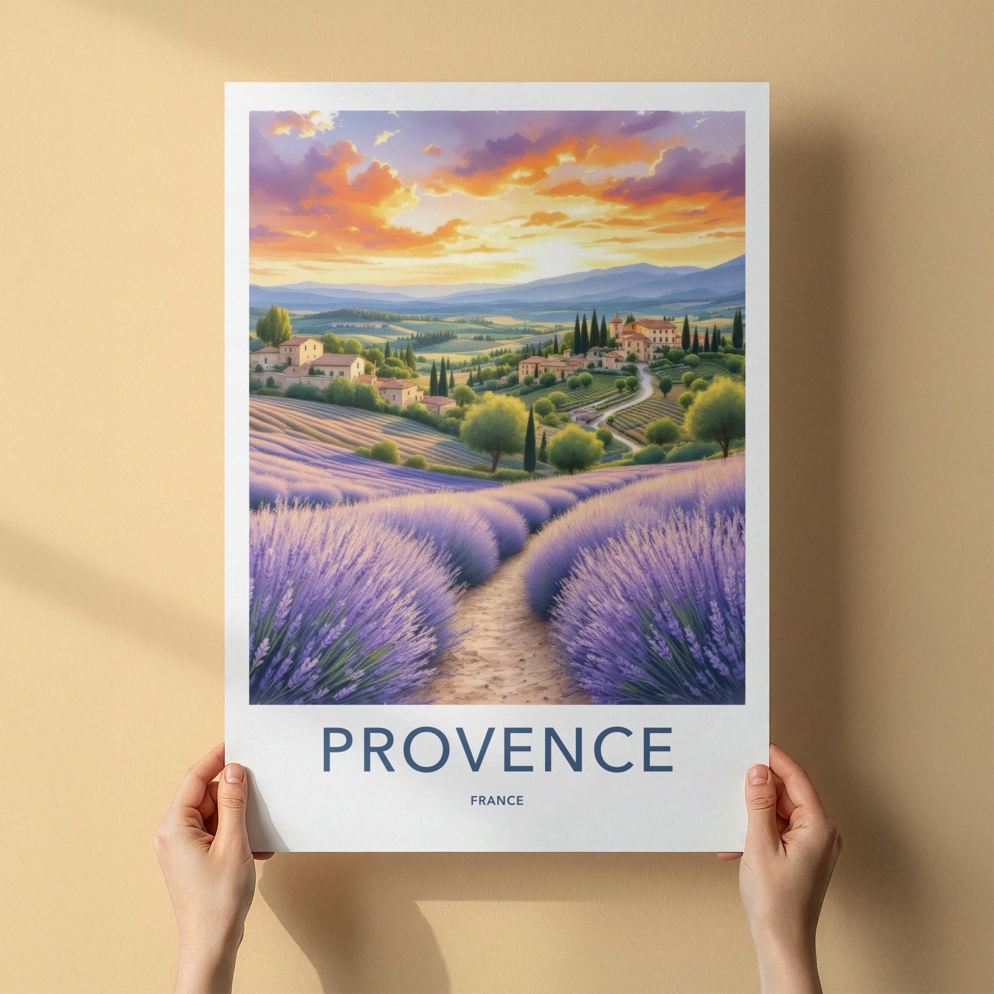 Provence Poster - France Travel Art - Lavender Field Sunset Home Decor