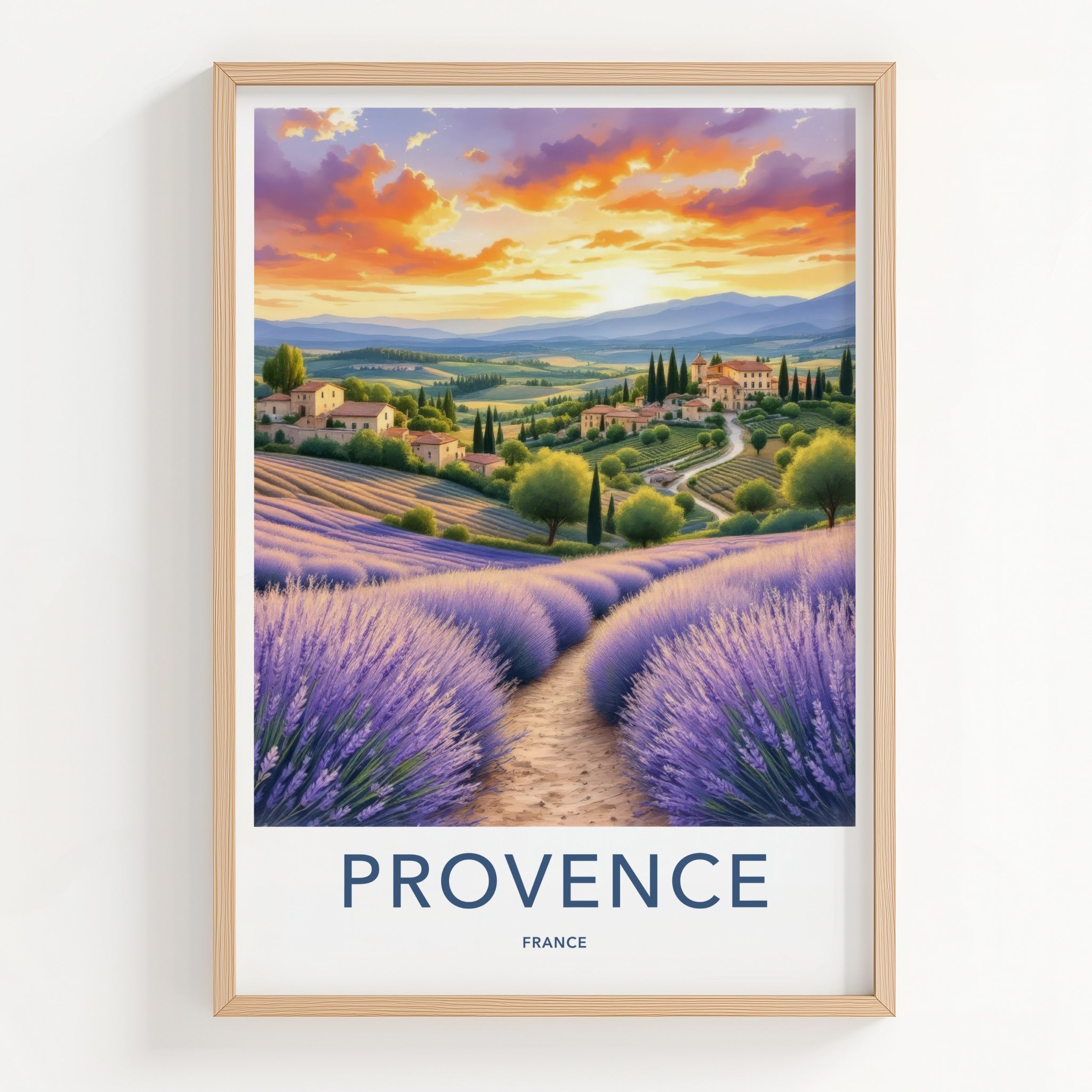 Provence Poster - France Travel Art - Lavender Field Sunset Home Decor
