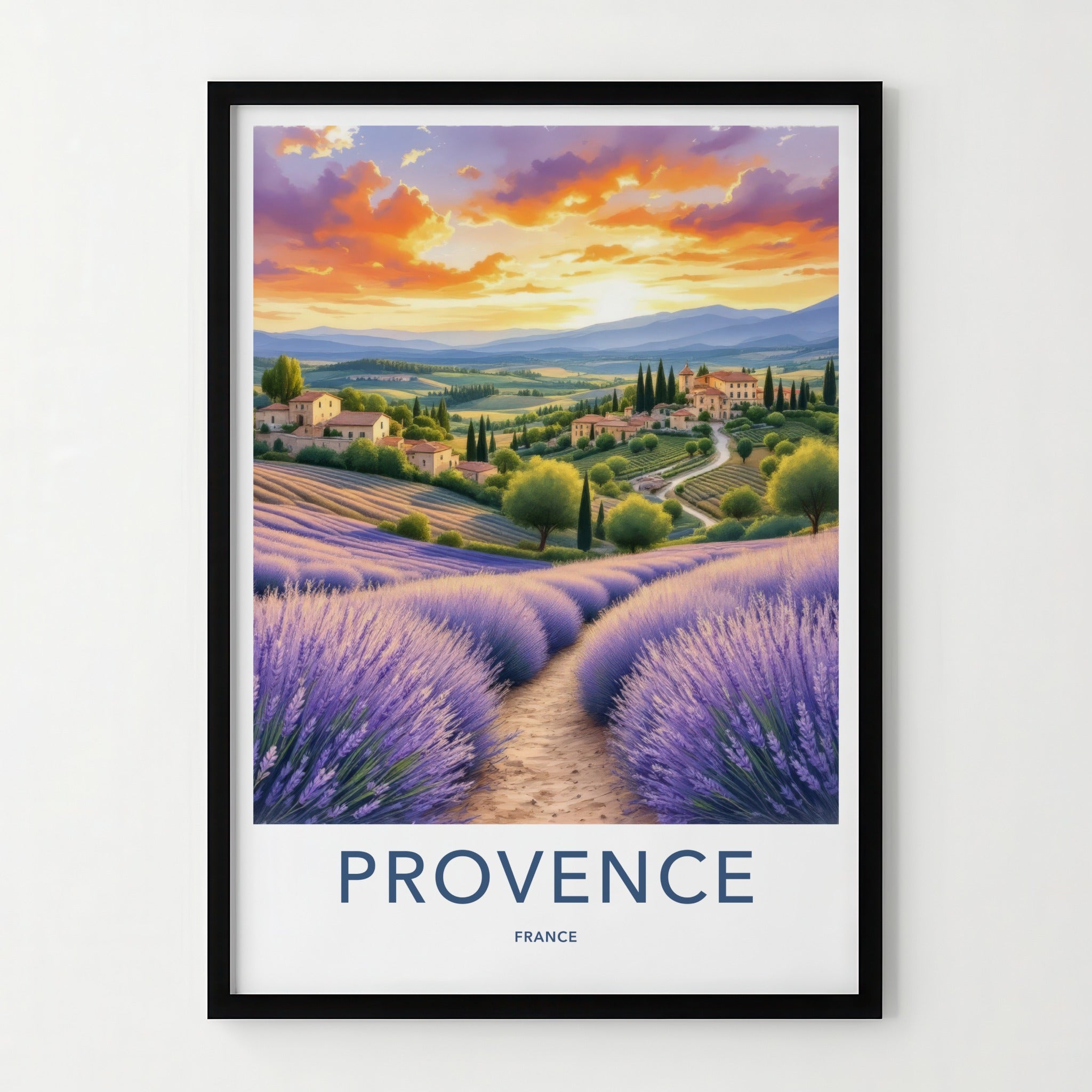 Provence Poster - France Travel Art - Lavender Field Sunset Home Decor