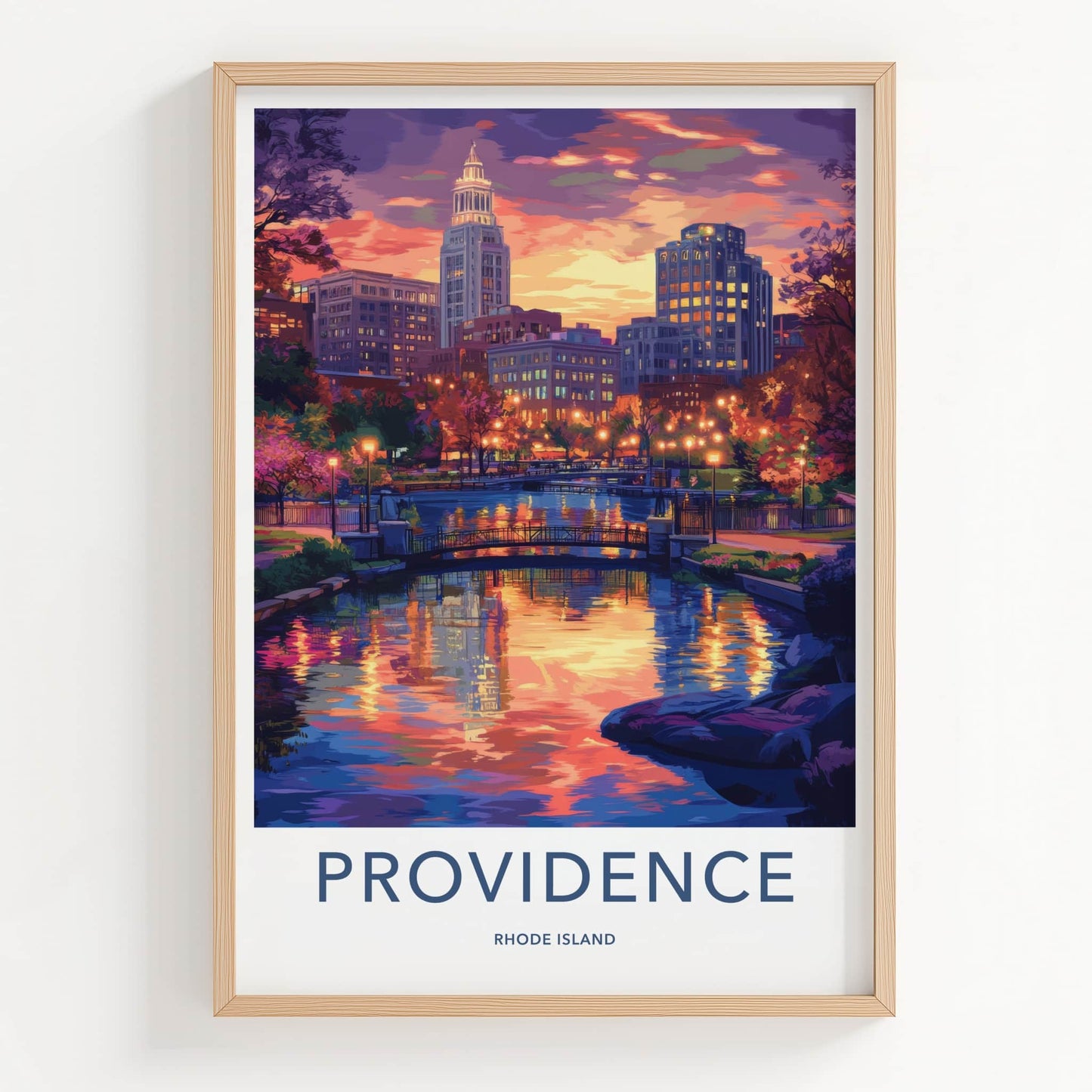 Providence Poster - Rhode Island Travel Art - Vibrant river cityscape Home Decor