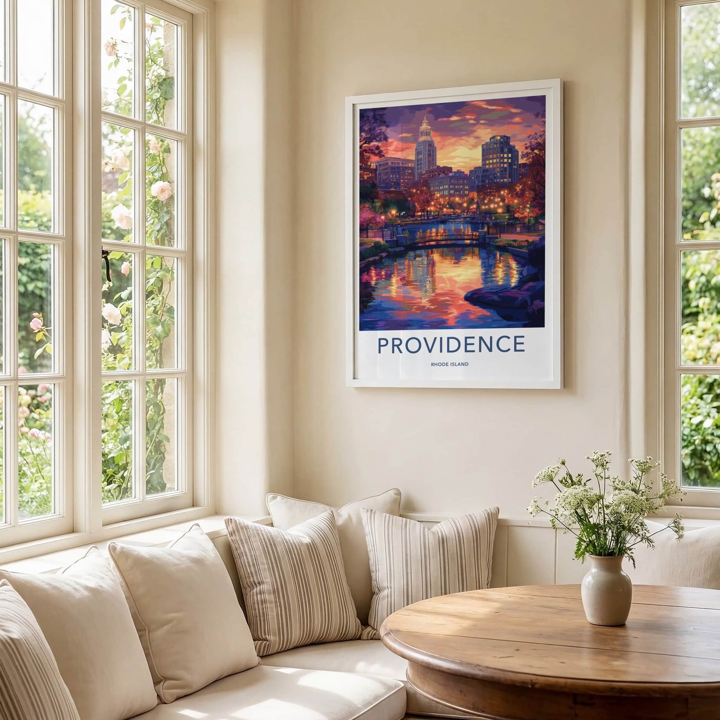 Providence Poster - Rhode Island Travel Art - Vibrant river cityscape Home Decor