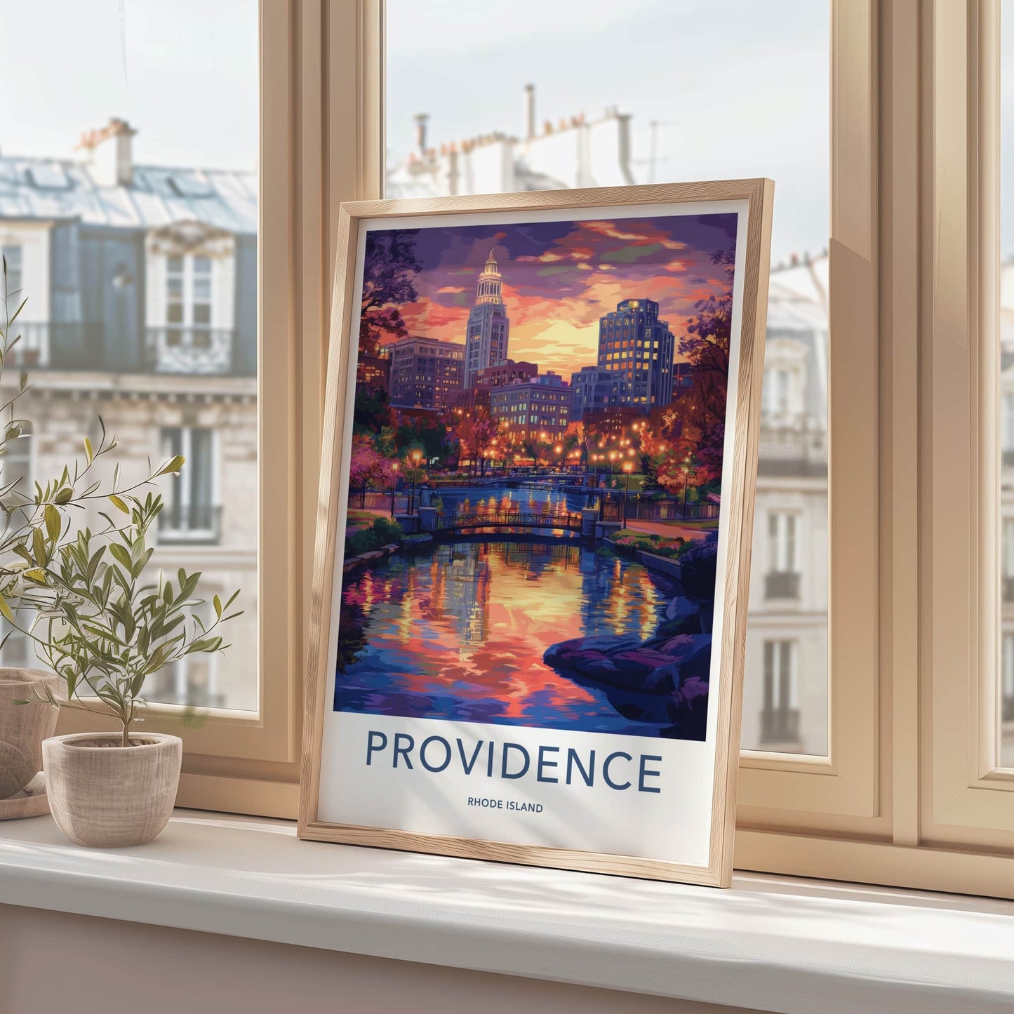 Providence Poster - Rhode Island Travel Art - Vibrant river cityscape Home Decor