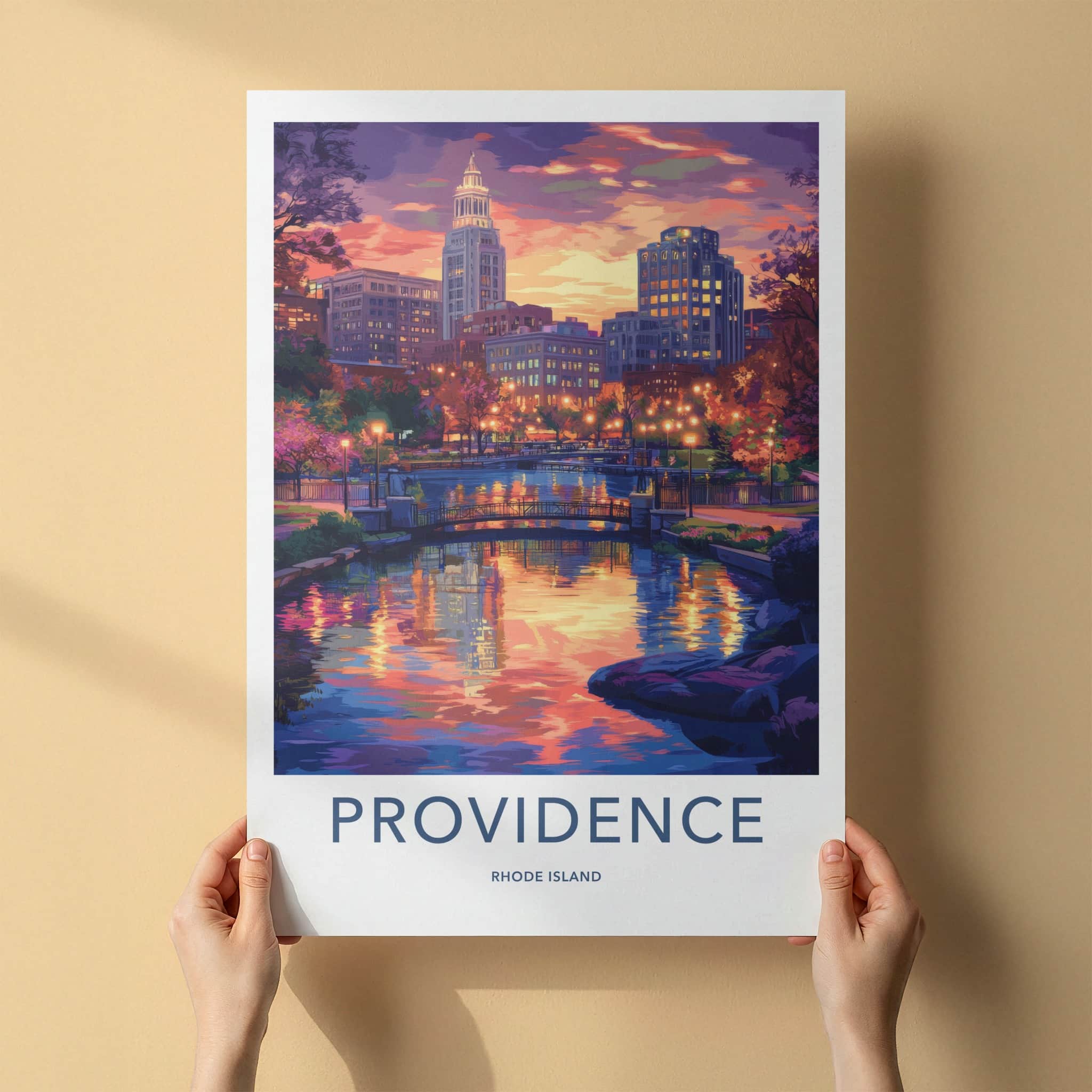 Providence Poster - Rhode Island Travel Art - Vibrant river cityscape Home Decor