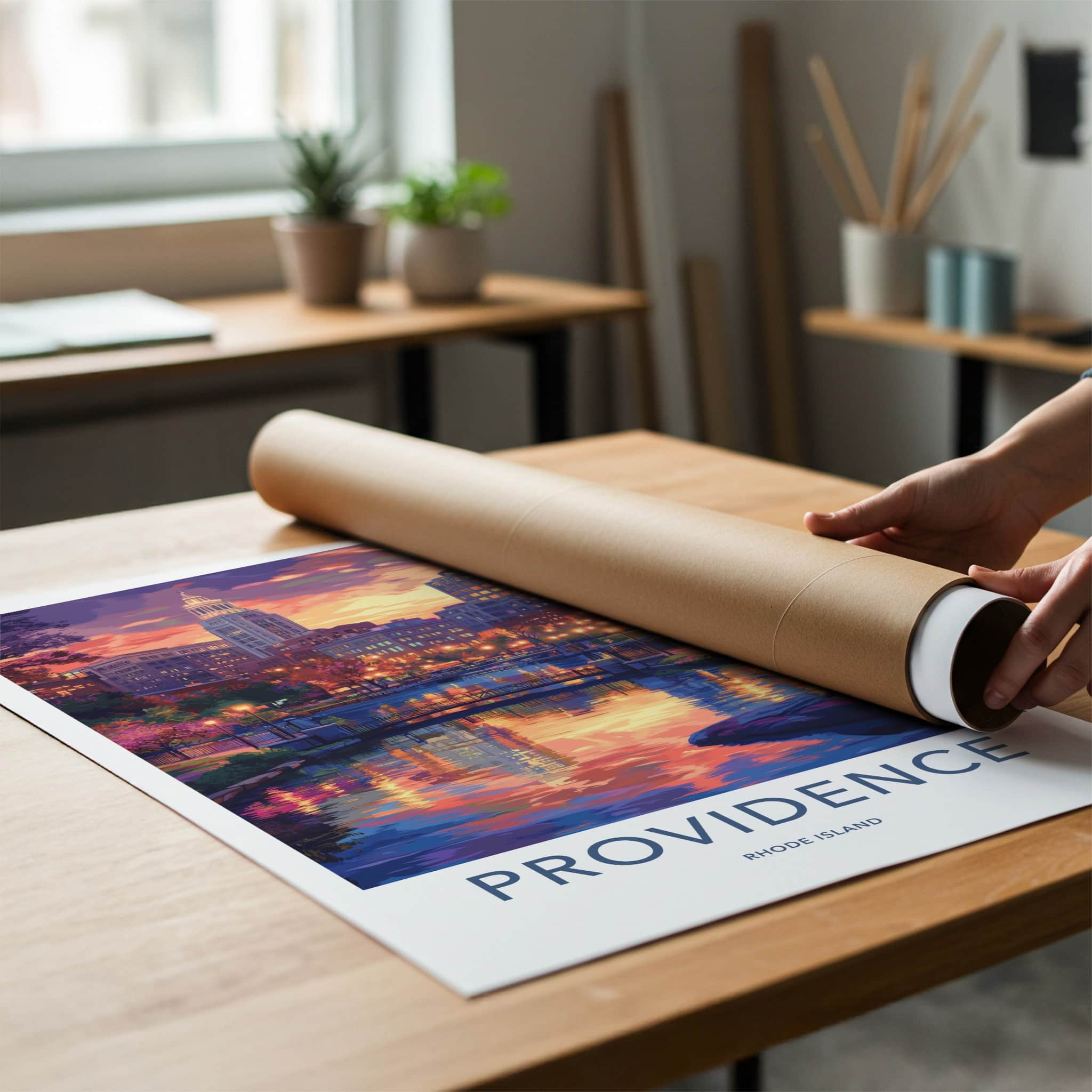 Providence Poster - Rhode Island Travel Art - Vibrant river cityscape Home Decor