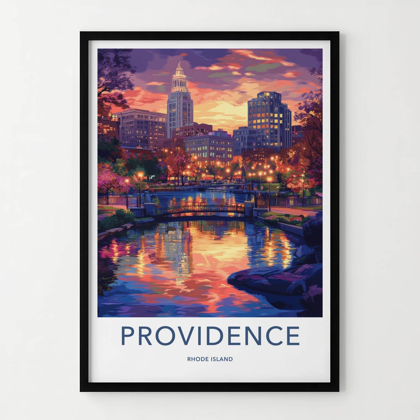 Providence Poster - Rhode Island Travel Art - Vibrant river cityscape Home Decor