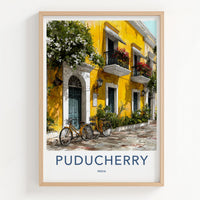 Puducherry Poster - India Travel Art - Puducherry Yellow Building Bicycles Home Decor