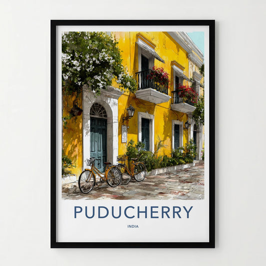 Puducherry Poster - India Travel Art - Puducherry Yellow Building Bicycles Home Decor