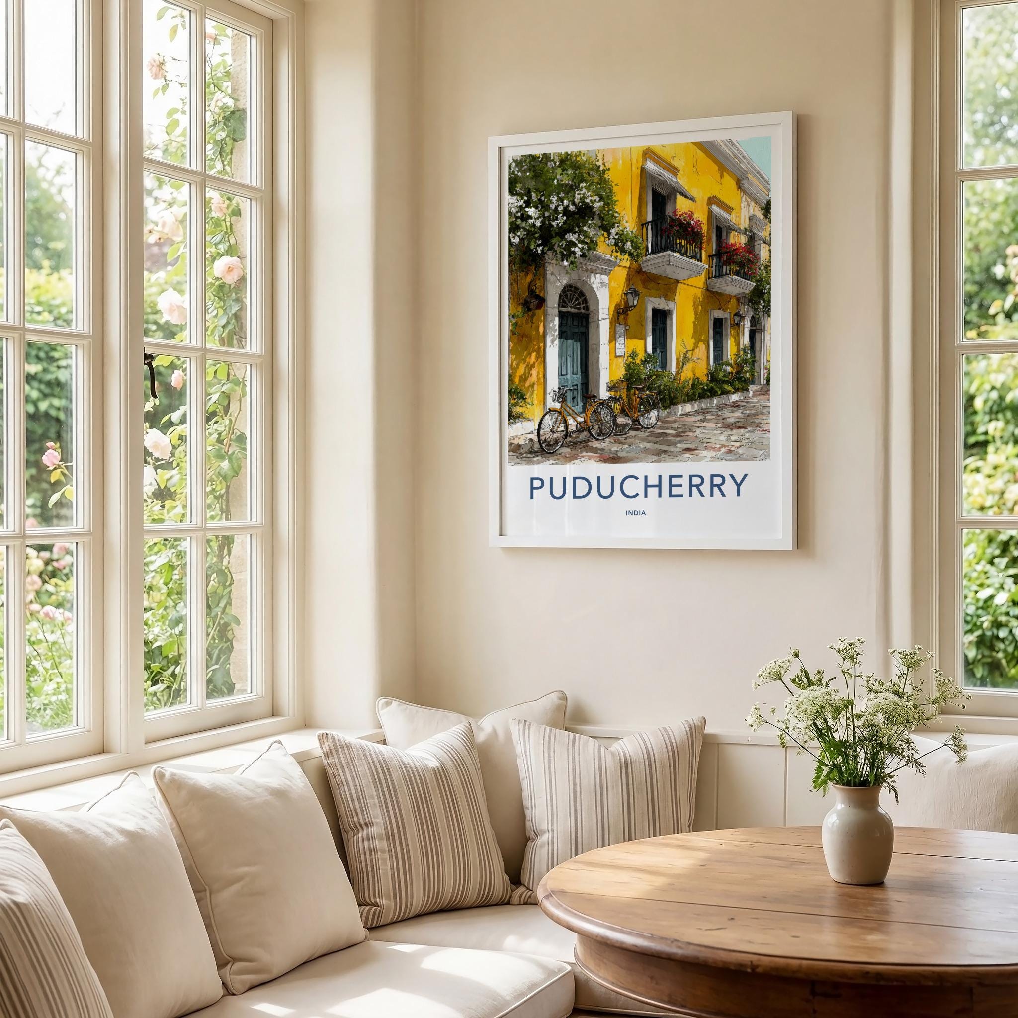 Puducherry Poster - India Travel Art - Puducherry Yellow Building Bicycles Home Decor