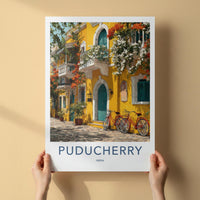 Puducherry Poster - India Travel Art - Puducherry Yellow Building Bicycles Home Decor