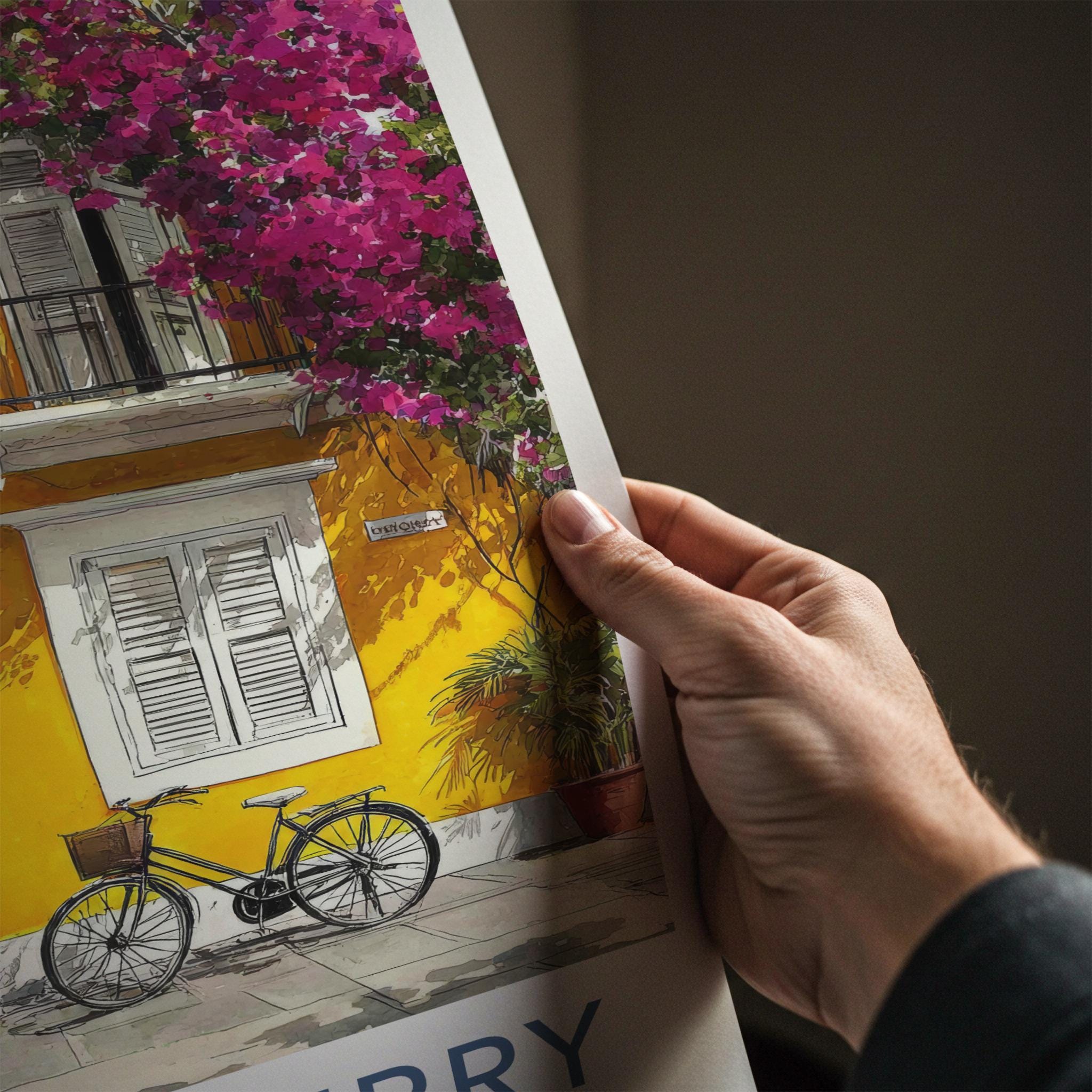Puducherry Poster - India Travel Art - Puducherry Yellow facade bike Home Decor
