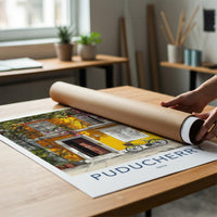 Puducherry Poster - India Travel Art - Puducherry Yellow facade bike Home Decor