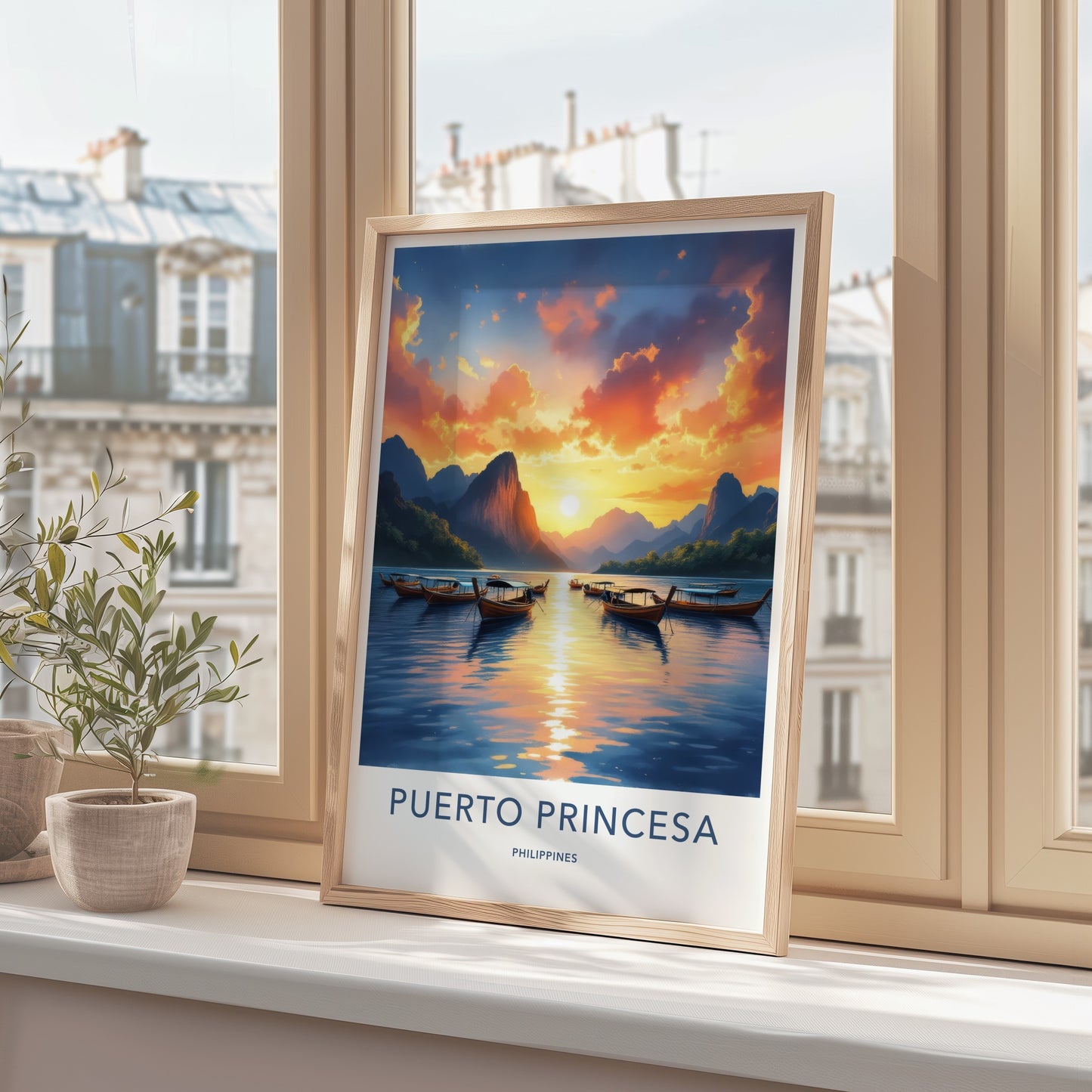 Puerto Princesa Poster - Philippines Travel Art - Boats ocean sunset Home Decor