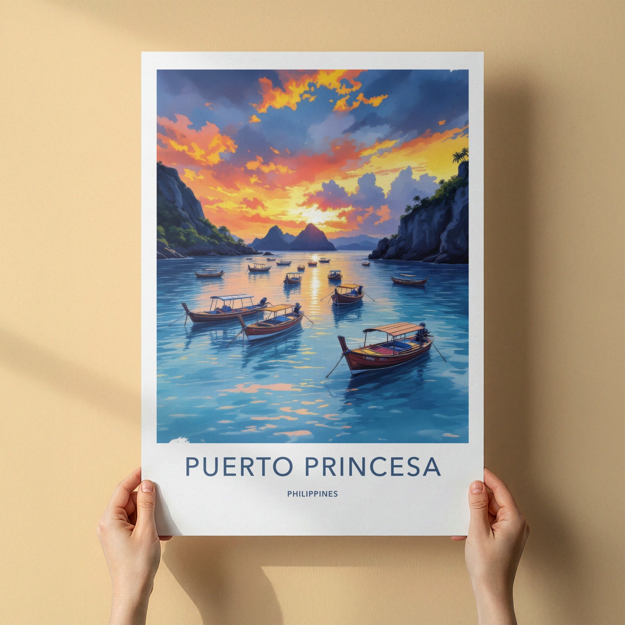 Puerto Princesa Poster - Philippines Travel Art - Tropical Bay Sunset Home Decor