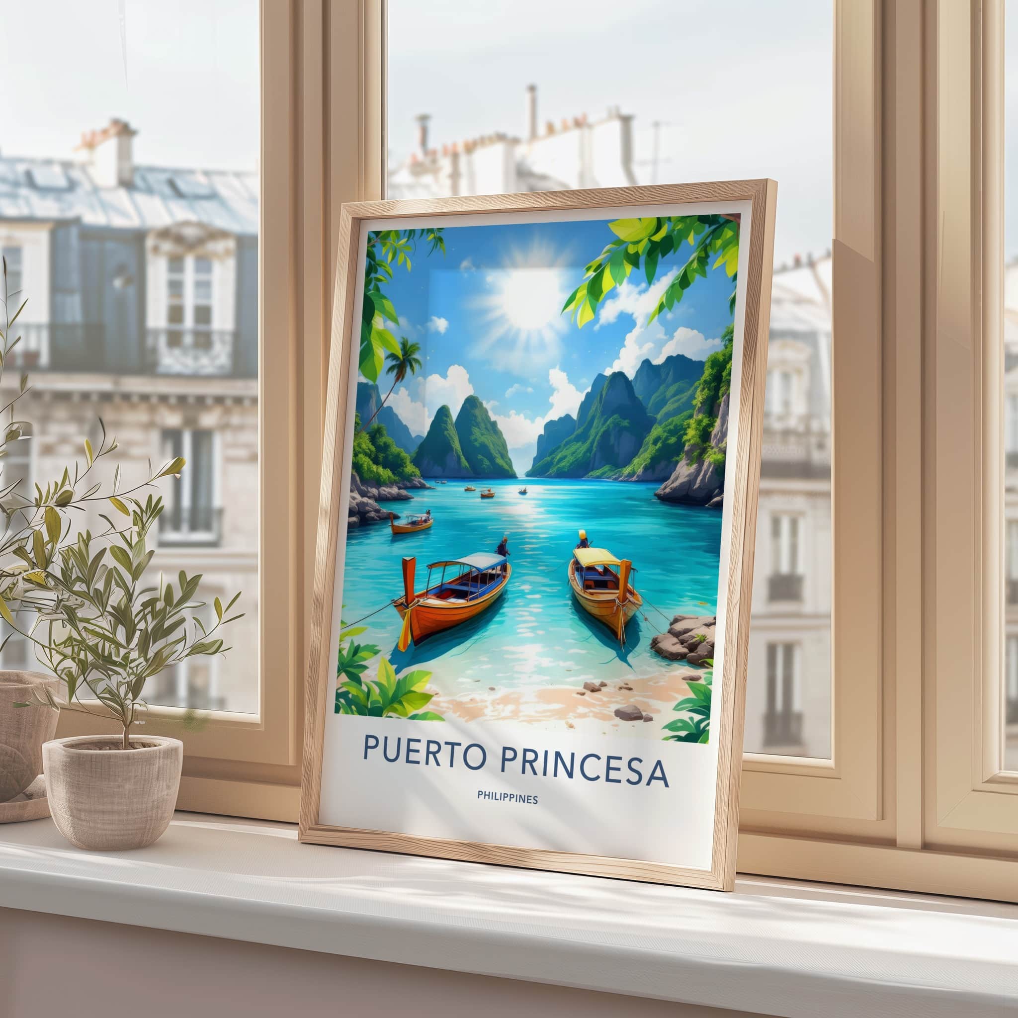 Puerto Princesa Poster - Philippines Travel Art - Tropical Beach Boats Home Decor
