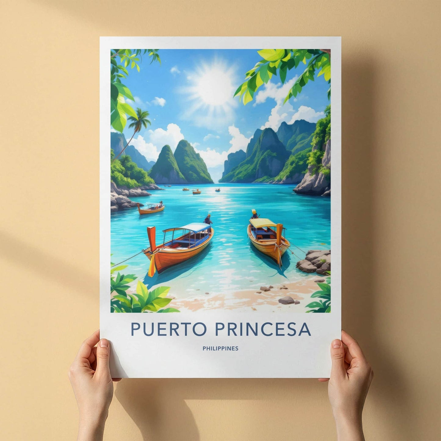 Puerto Princesa Poster - Philippines Travel Art - Tropical Beach Boats Home Decor