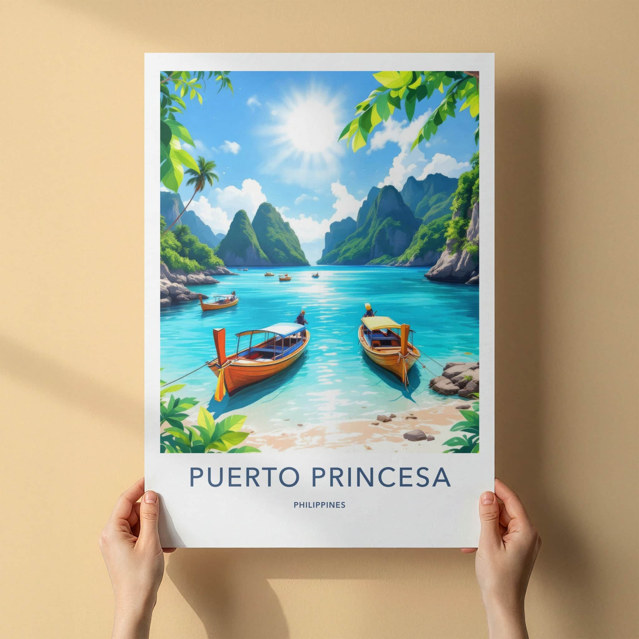 Puerto Princesa Poster - Philippines Travel Art - Tropical Beach Boats Home Decor