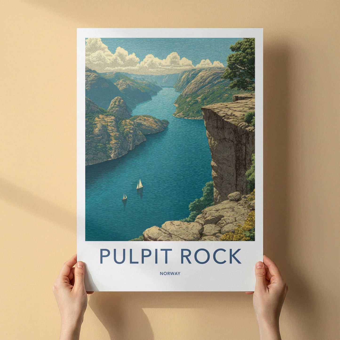 Pulpit Rock Poster - Norway Travel Art - Fjord Sailboats Wall Decor