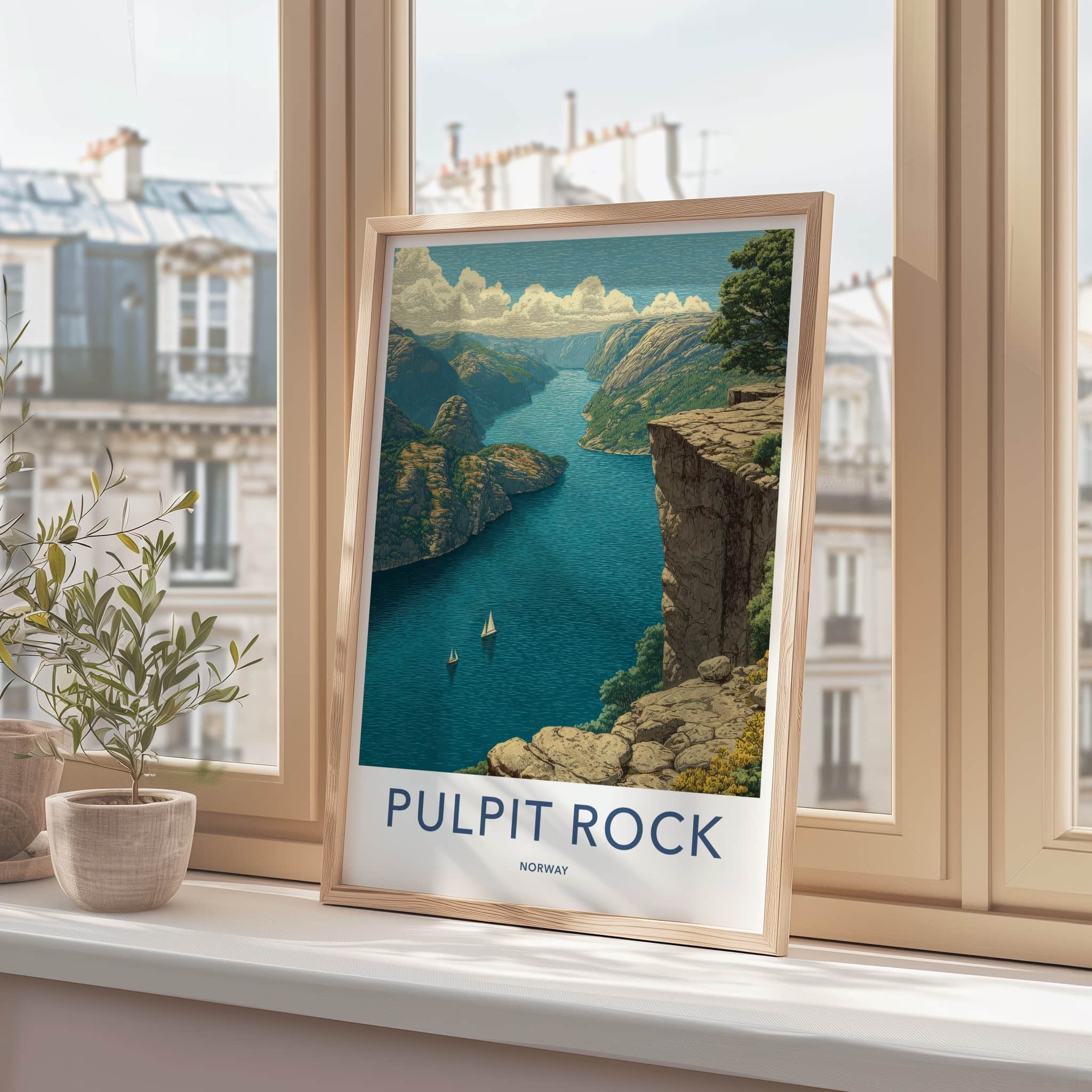 Pulpit Rock Poster - Norway Travel Art - Fjord Sailboats Wall Decor