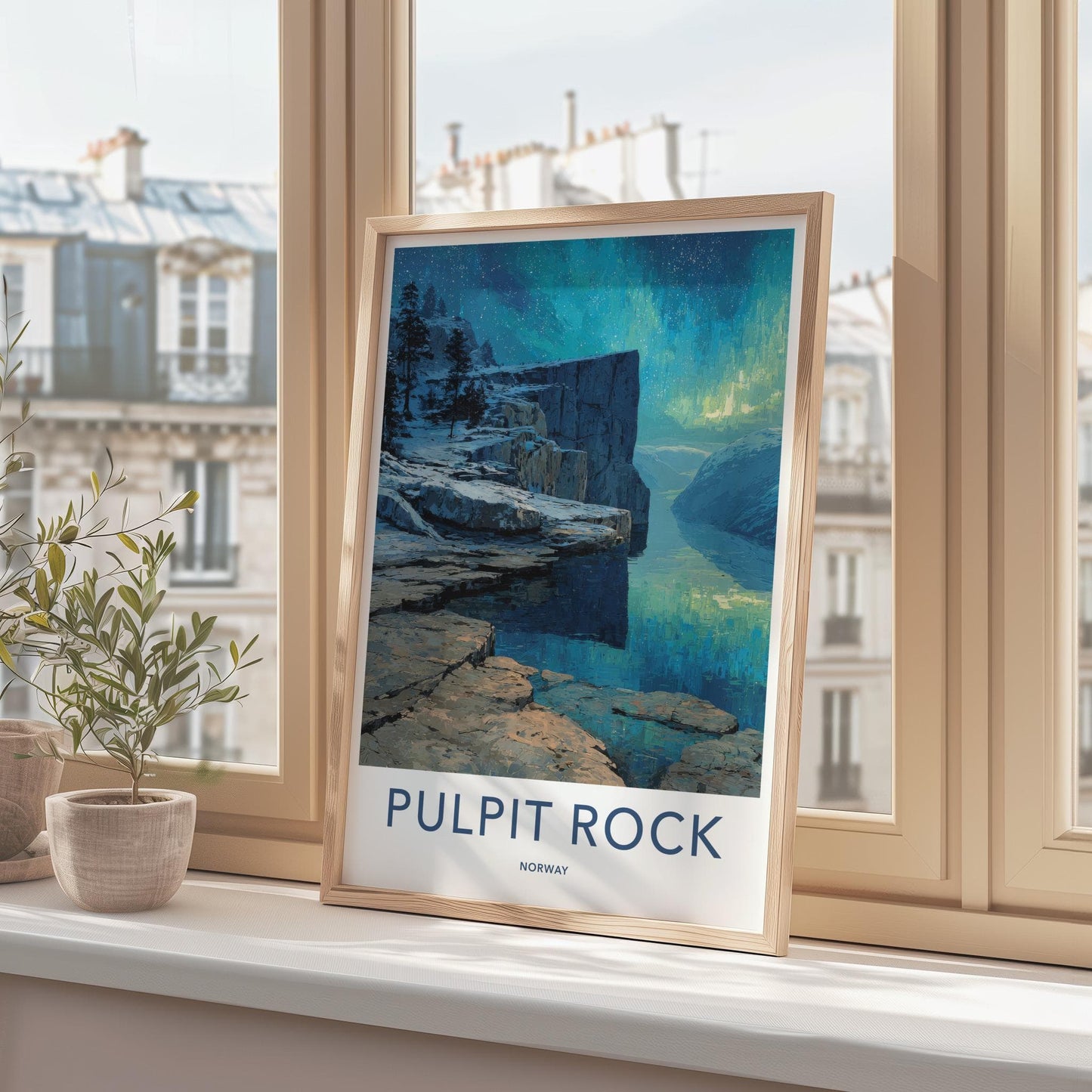Pulpit Rock Poster - Norway Travel Art - Snowy Cliffs Aurora Home Decor