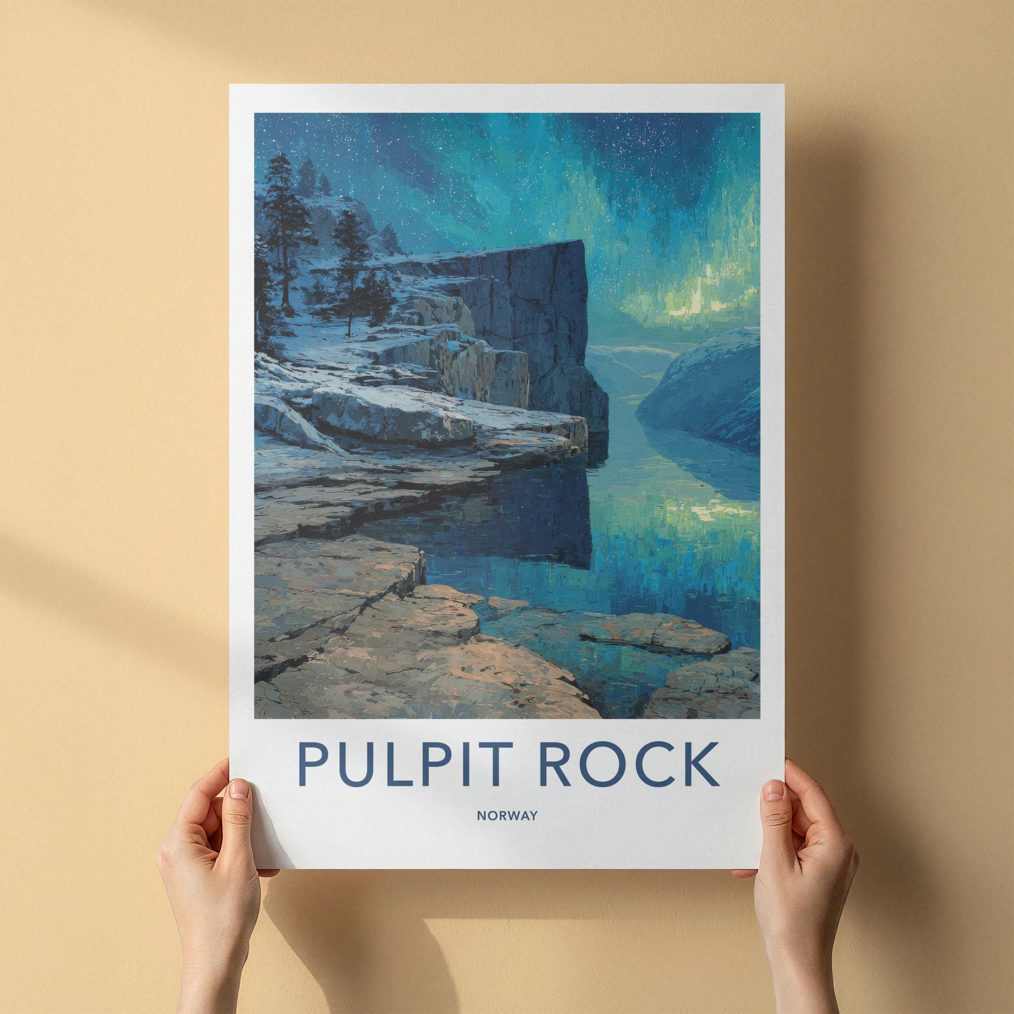 Pulpit Rock Poster - Norway Travel Art - Snowy Cliffs Aurora Home Decor