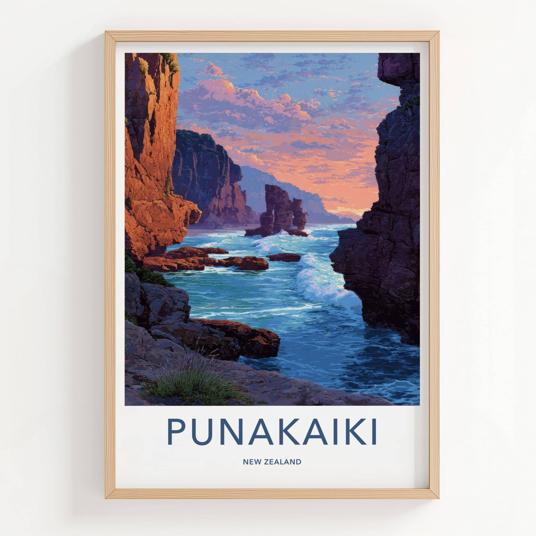 Punaikaiki Poster - New Zealand Travel Art - Rugged Coastal Rocks Home Decor