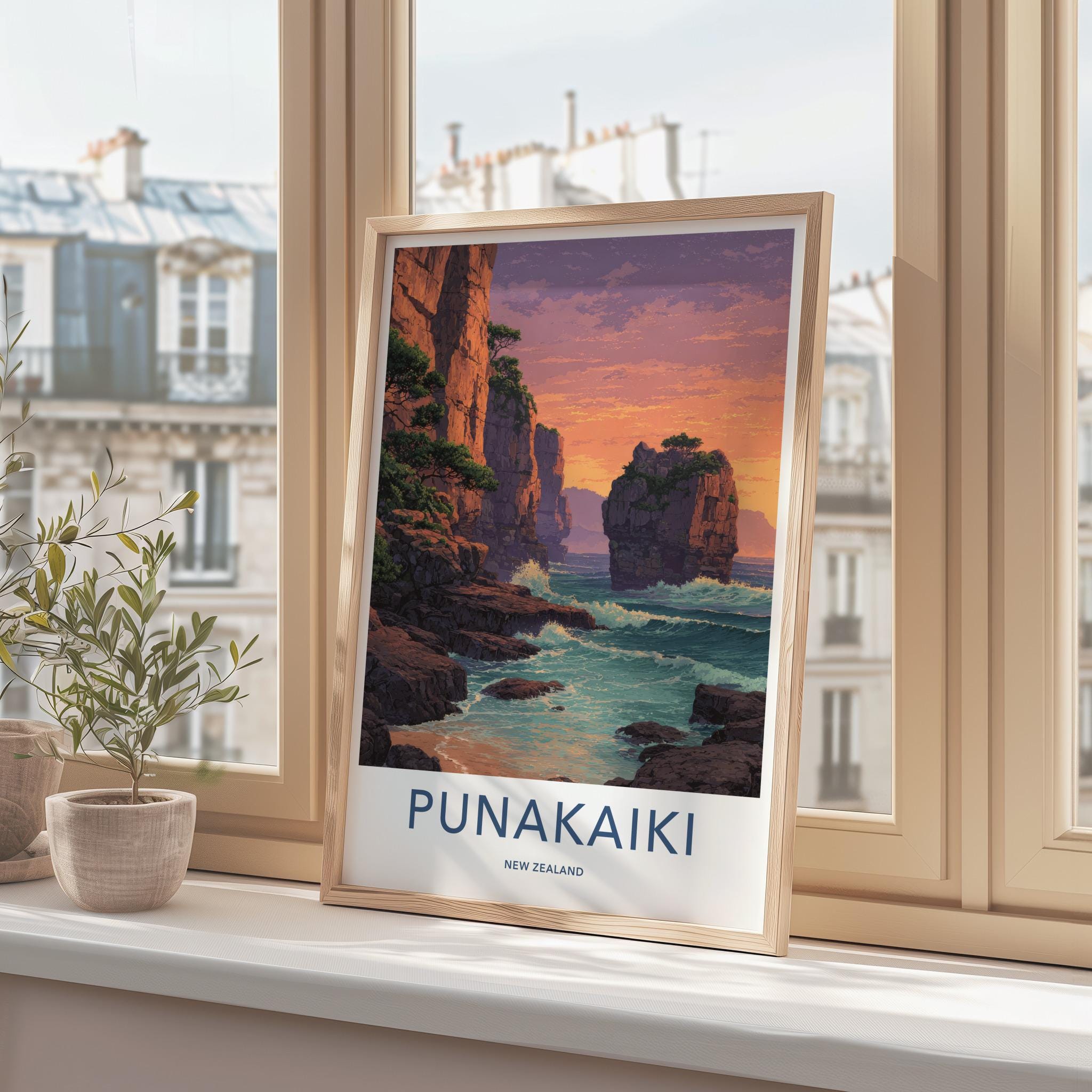 Punakaiki Poster - New Zealand Travel Art - Coastal Cliffs Sunset Home Decor