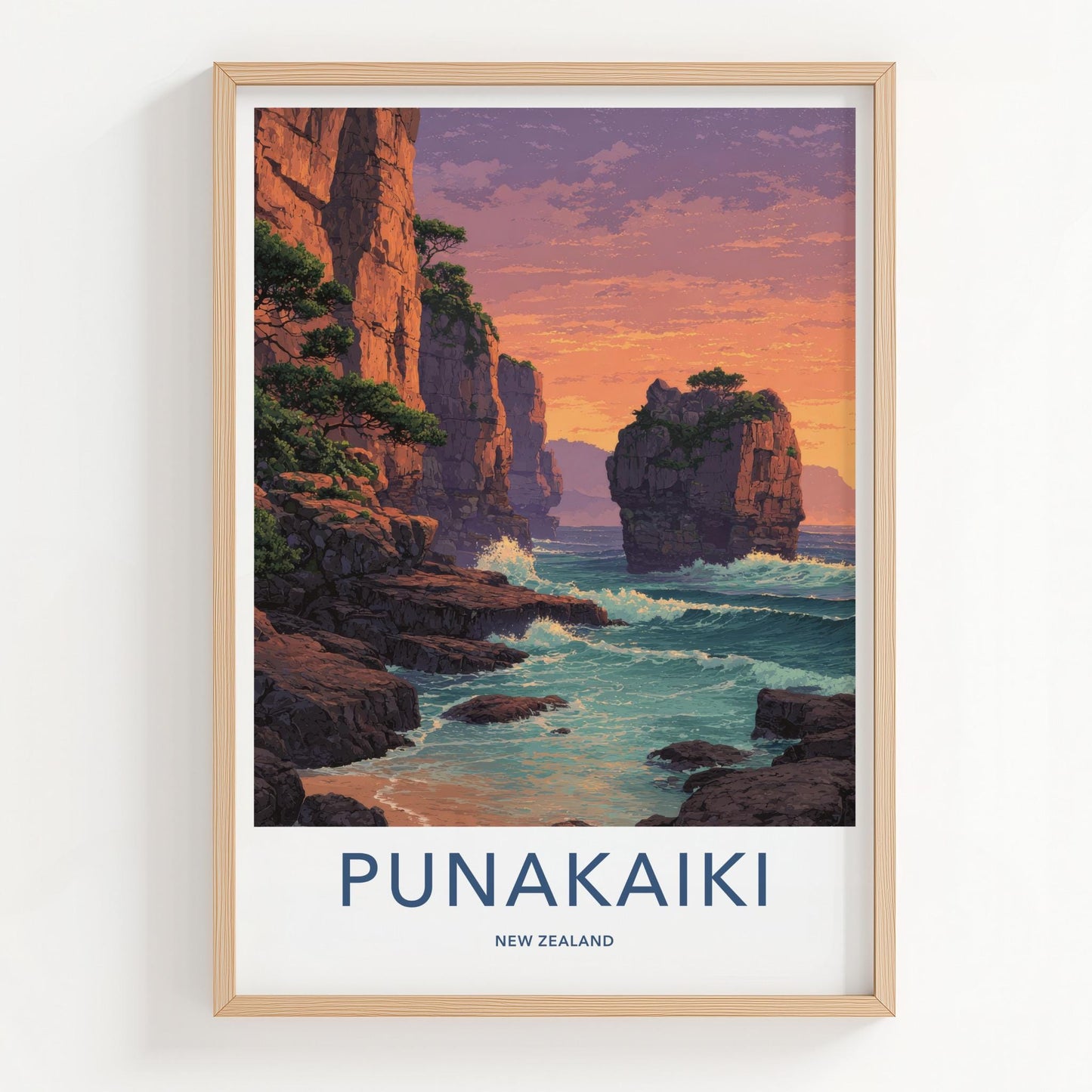 Punakaiki Poster - New Zealand Travel Art - Coastal Cliffs Sunset Home Decor