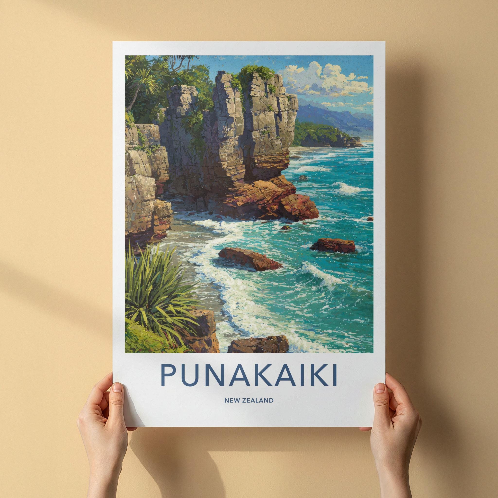Punakaiki Poster - New Zealand Travel Art - Rugged Coastal Rocks Home Decor