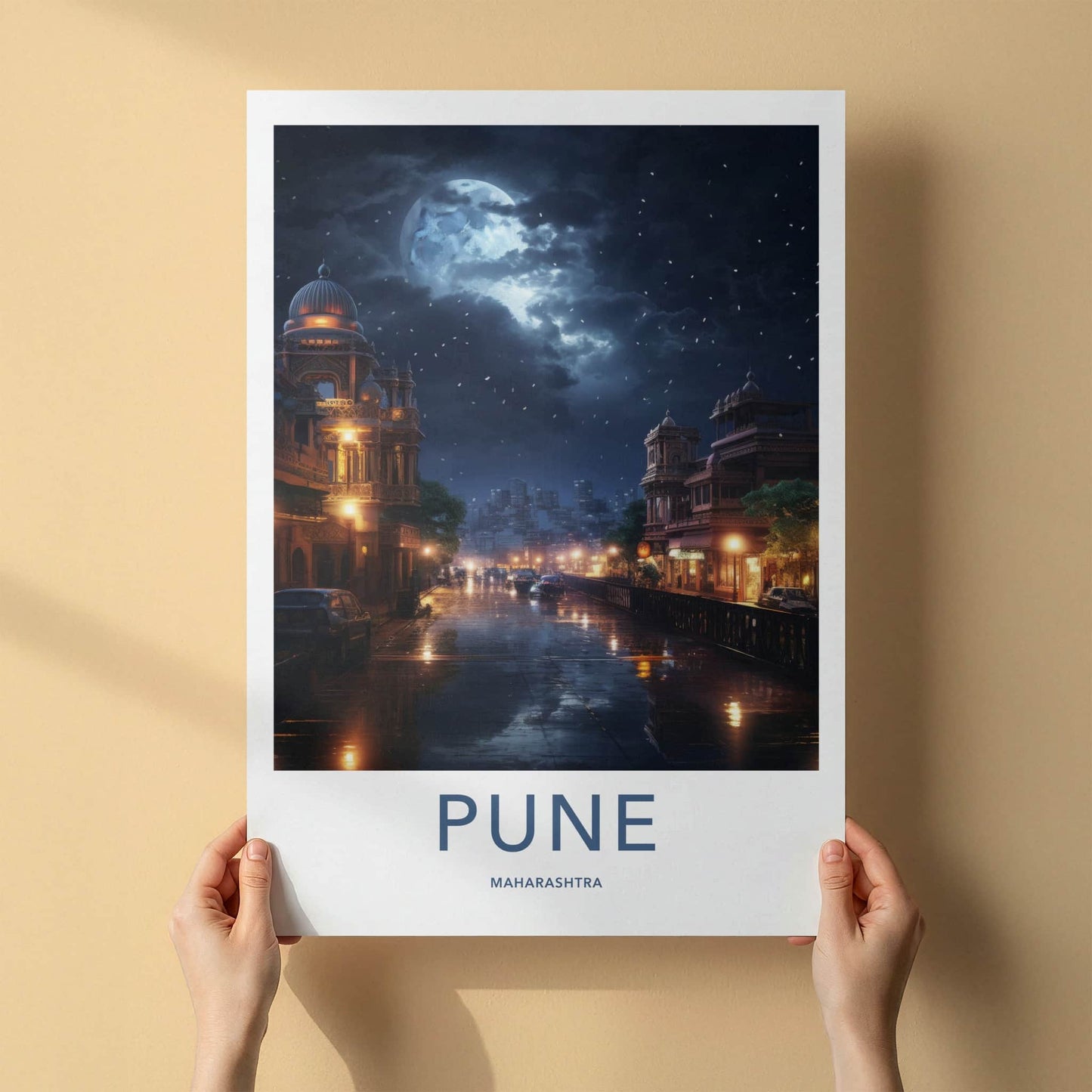 Pune Poster - India Travel Art - Maharashtra Moonlit Rainy Gallery Art