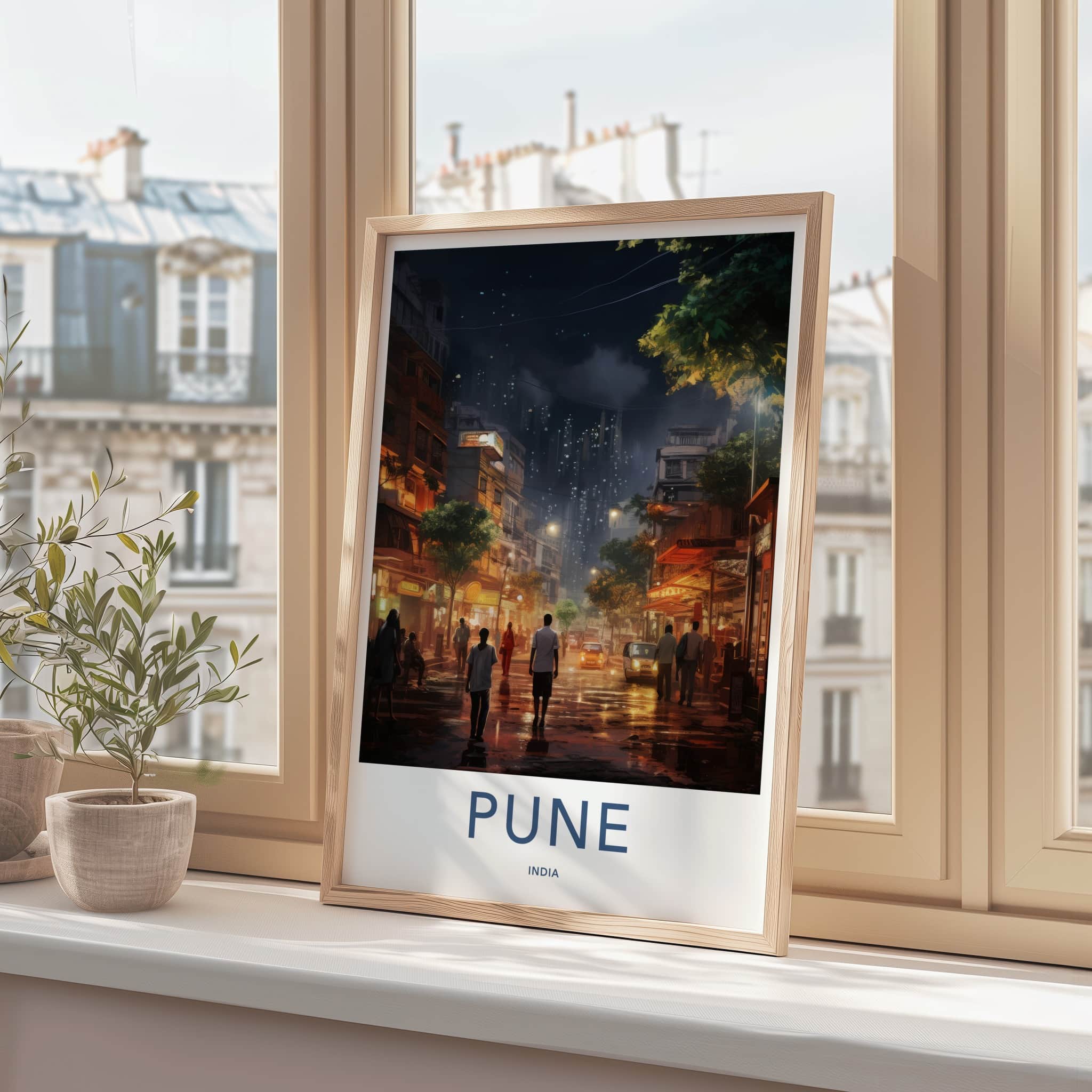 Pune Poster - India Travel Art - Maharashtra Night Street Scene Wall Decor