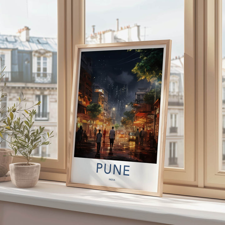 Pune Poster - India Travel Art - Maharashtra Night Street Scene Wall Decor