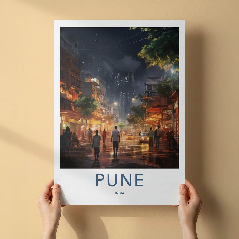Pune Poster - India Travel Art - Maharashtra Night Street Scene Wall Decor