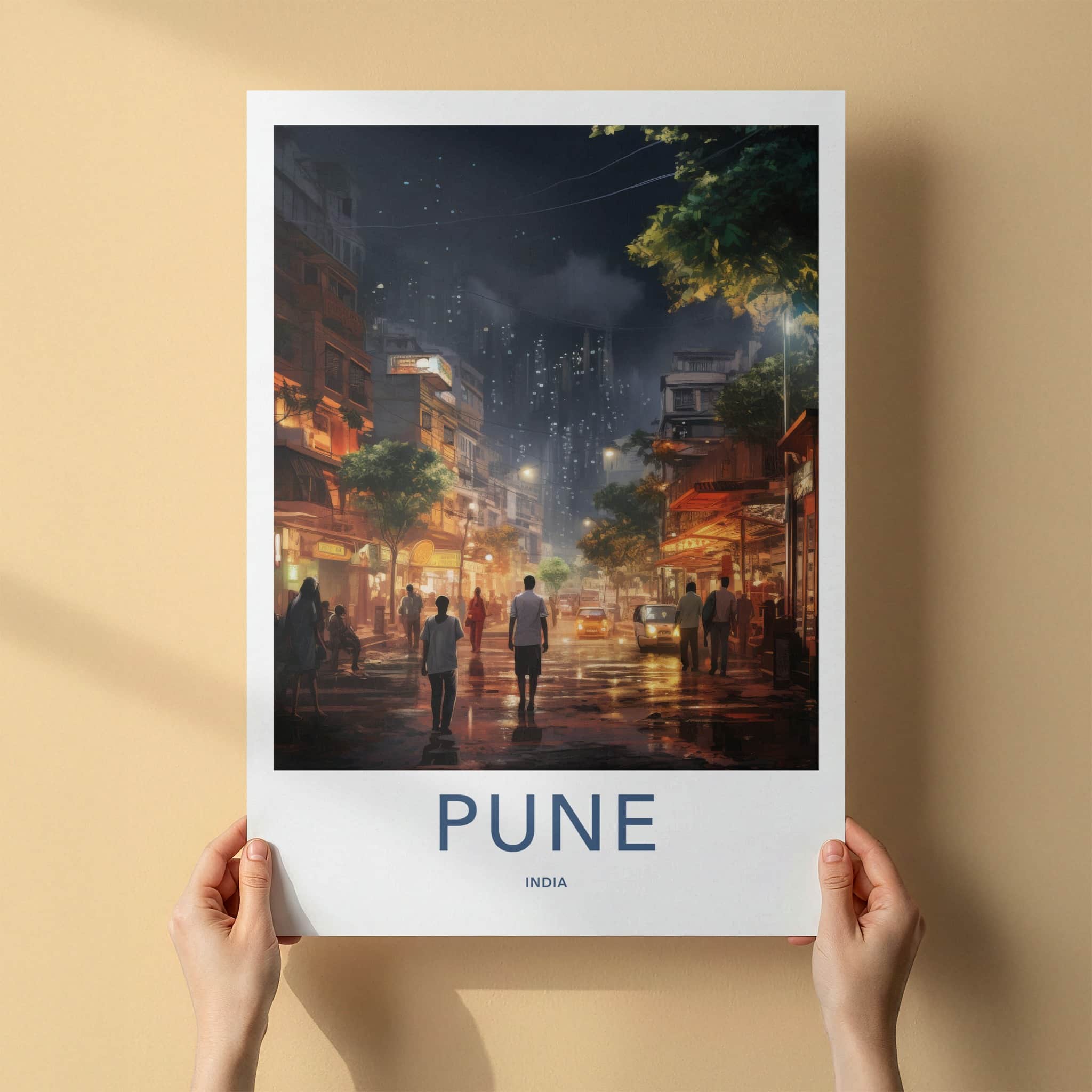 Pune Poster - India Travel Art - Maharashtra Night Street Scene Wall Decor