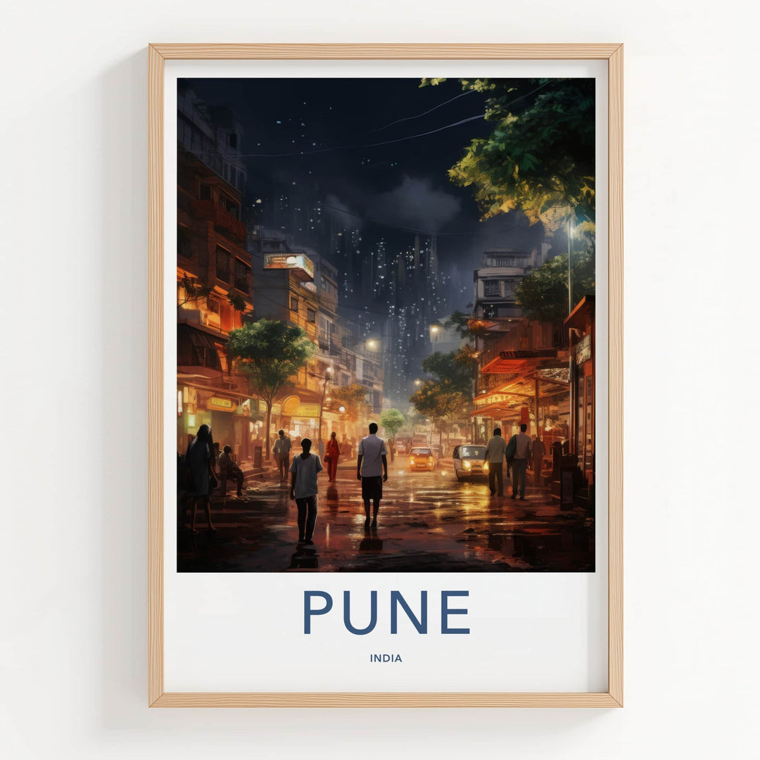 Pune Poster - India Travel Art - Maharashtra Night Street Scene Wall Decor