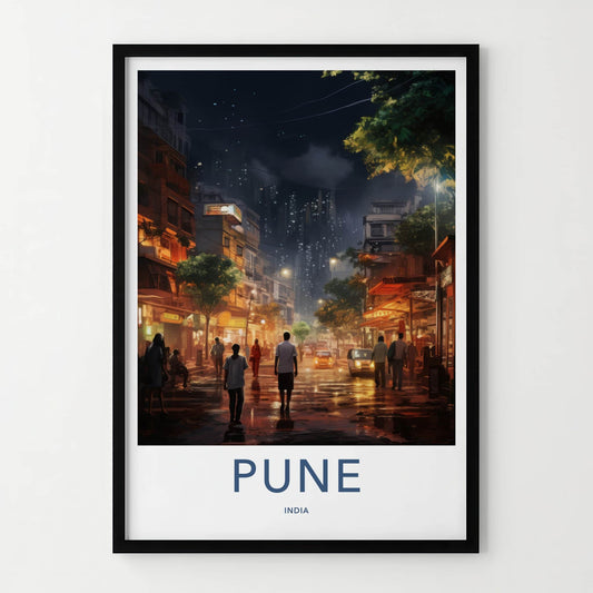 Pune Poster - India Travel Art - Maharashtra Night Street Scene Wall Decor