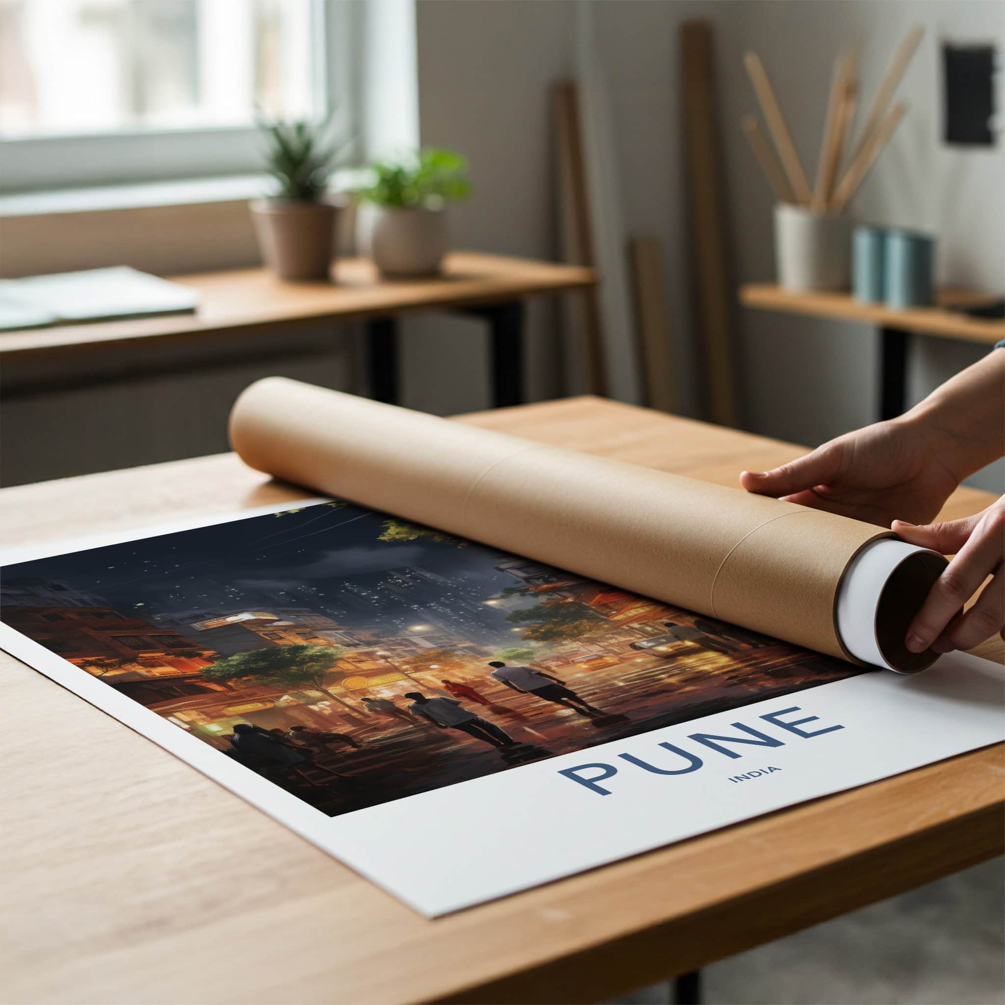 Pune Poster - India Travel Art - Maharashtra Night Street Scene Wall Decor
