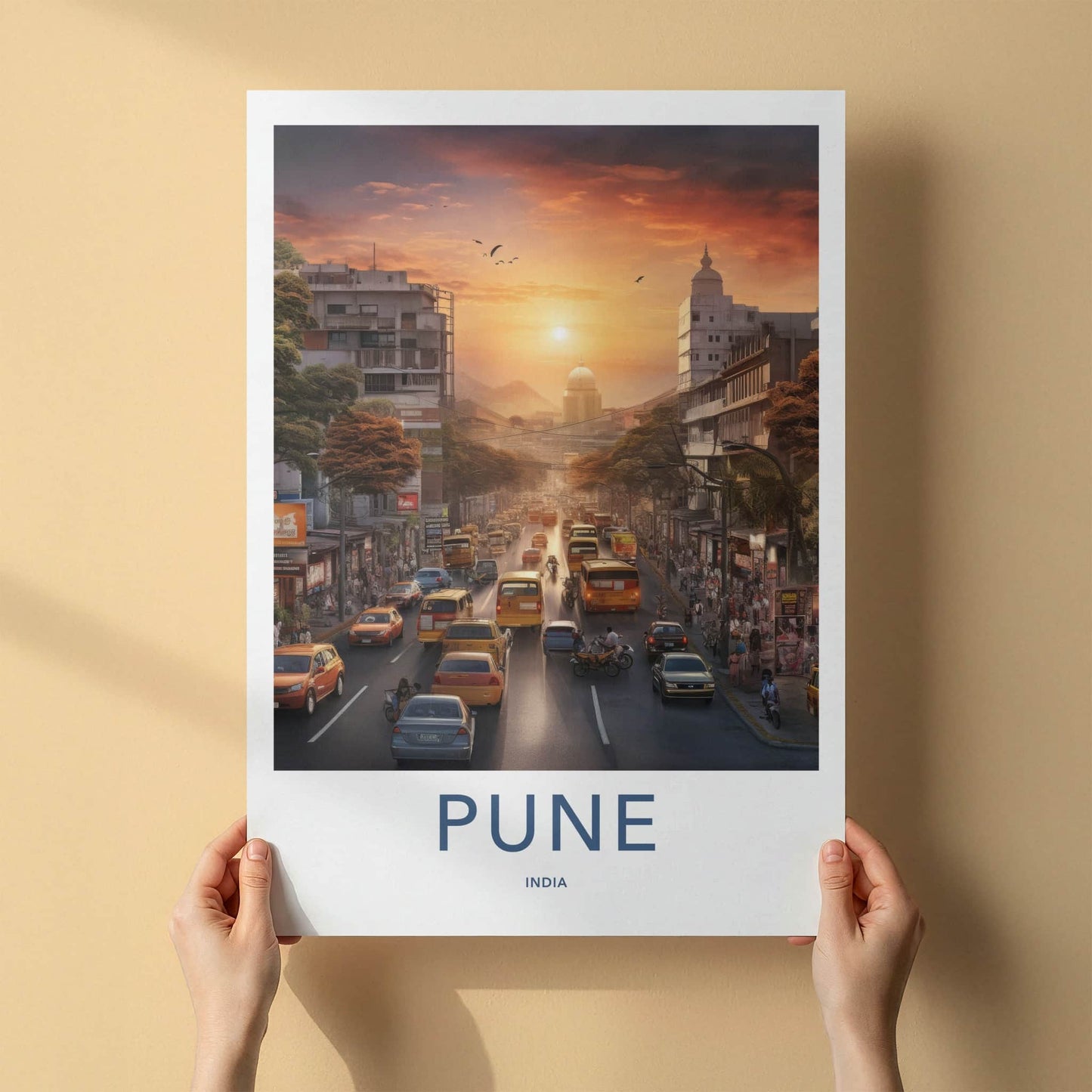 Pune Poster - India Travel Art - Maharashtra Street Sunset Traffic Home Decor