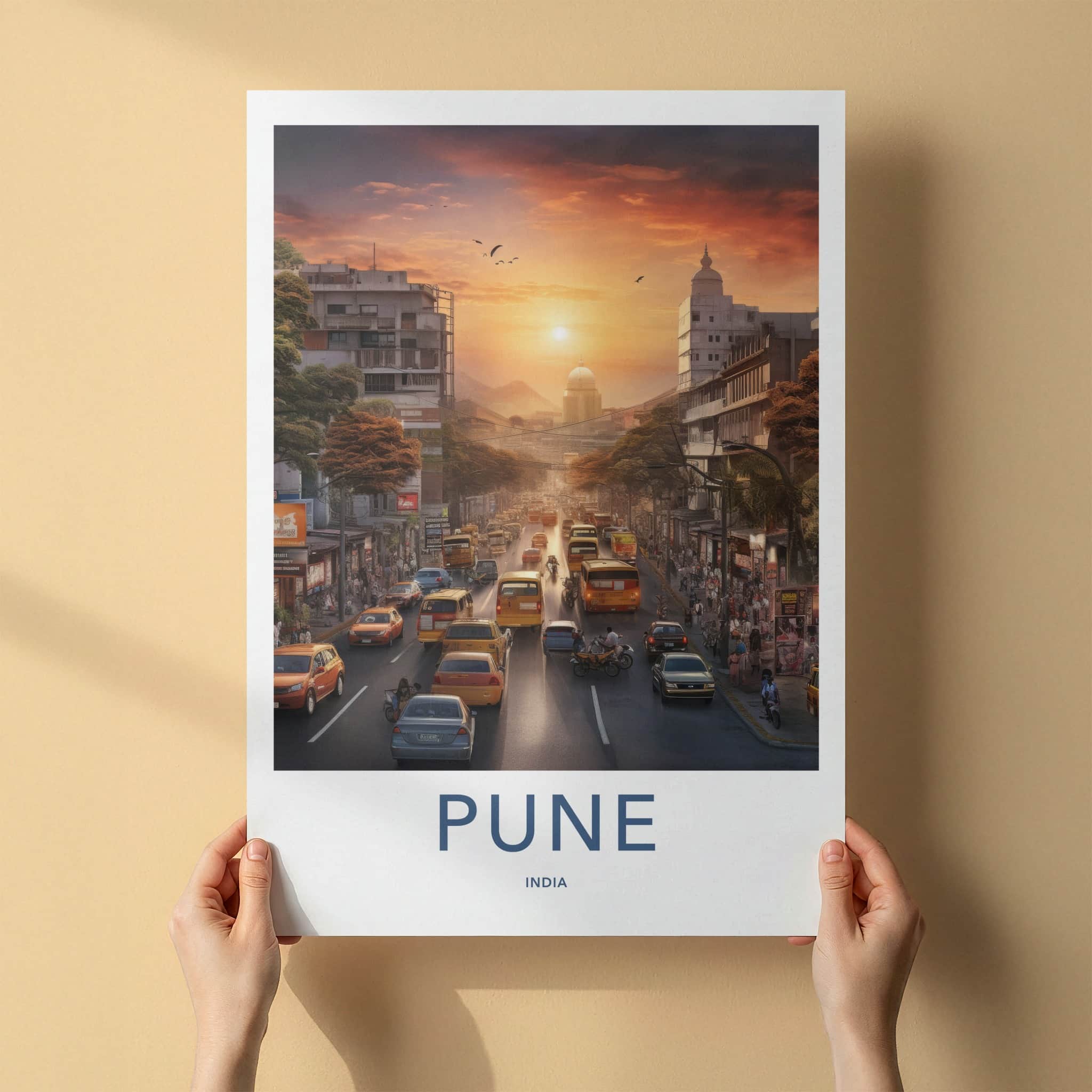 Pune Poster - India Travel Art - Maharashtra Street Sunset Traffic Home Decor