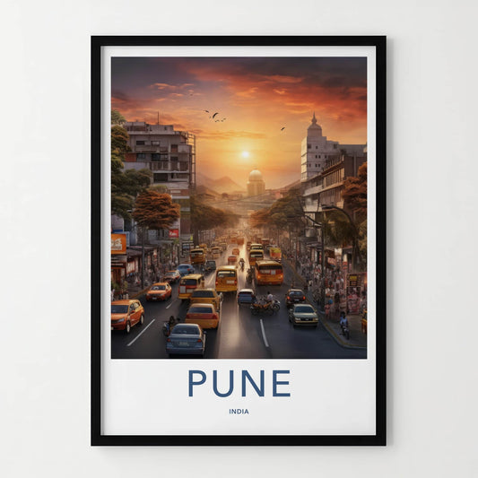 Pune Poster - India Travel Art - Maharashtra Street Sunset Traffic Home Decor