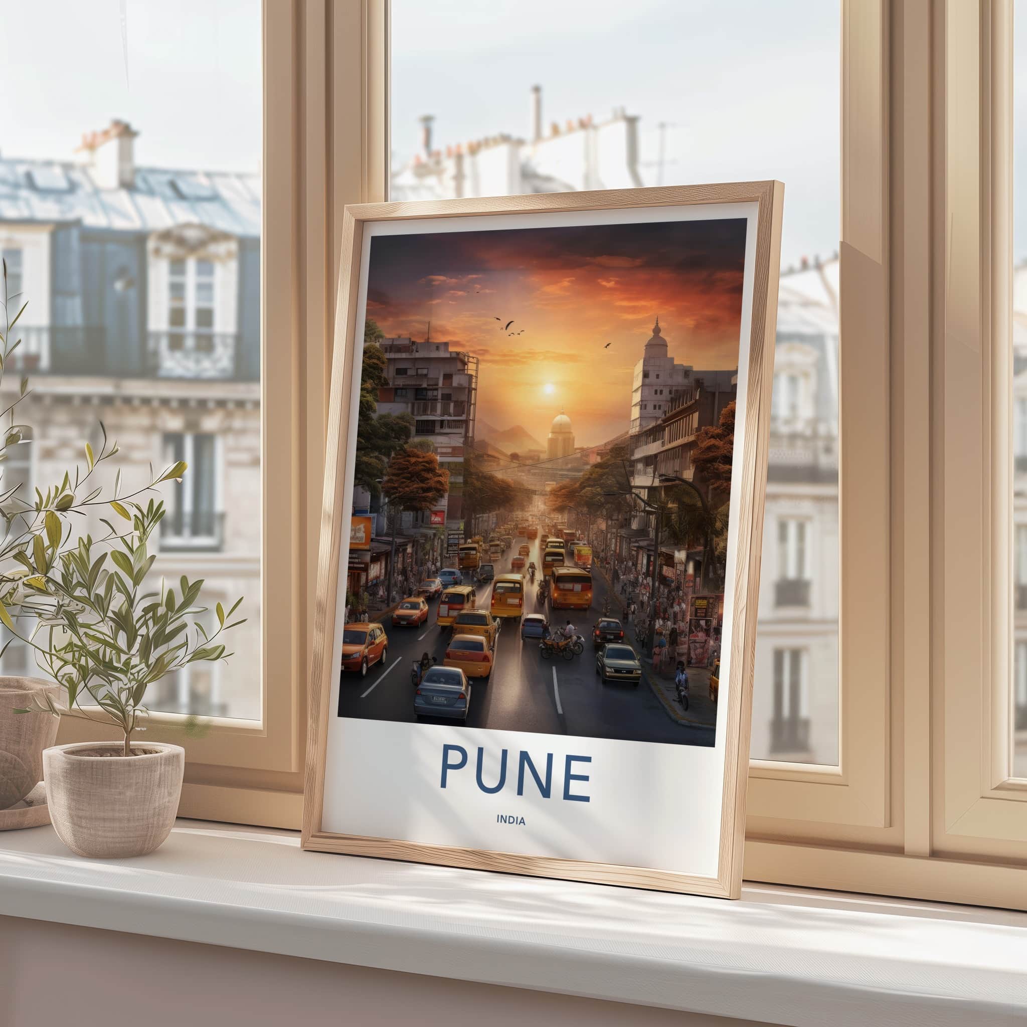 Pune Poster - India Travel Art - Maharashtra Street Sunset Traffic Home Decor