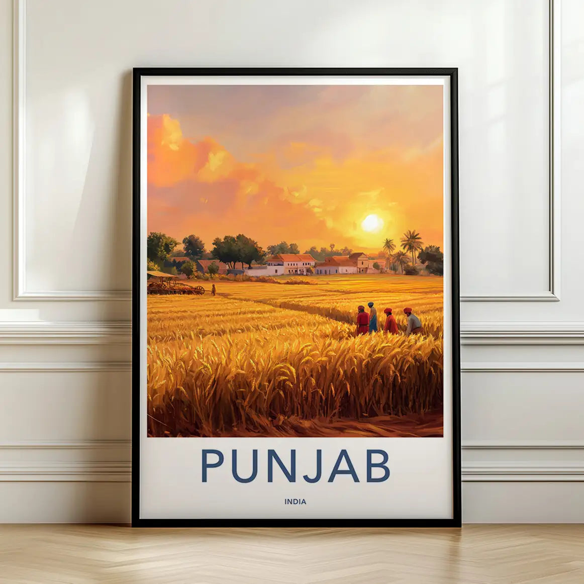 Framed artwork of a sunset over a wheat field in Punjab, India with farmers.