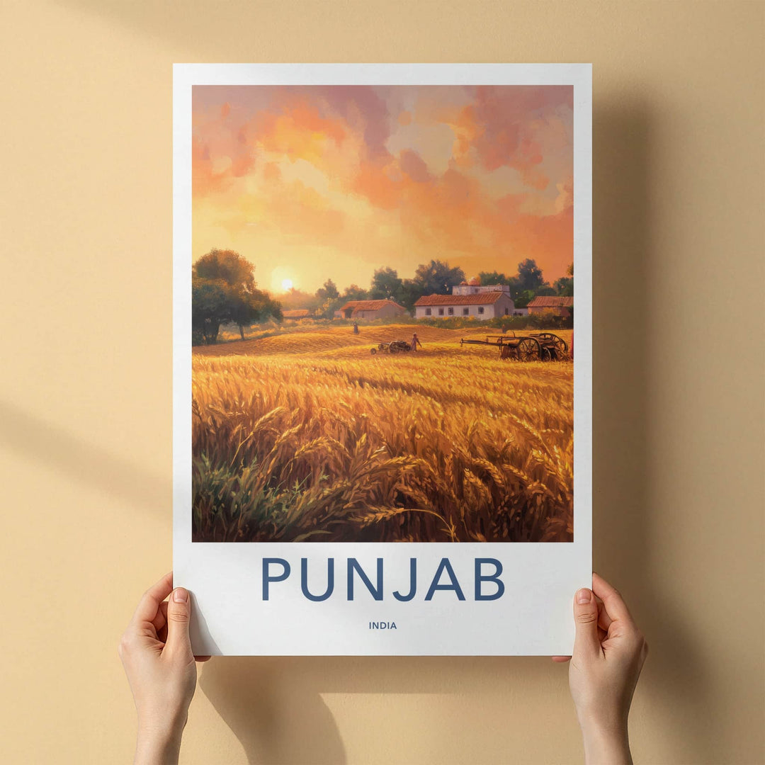 Punjab Poster - India Travel Art - Punjab Golden Field Sunset Home Decor