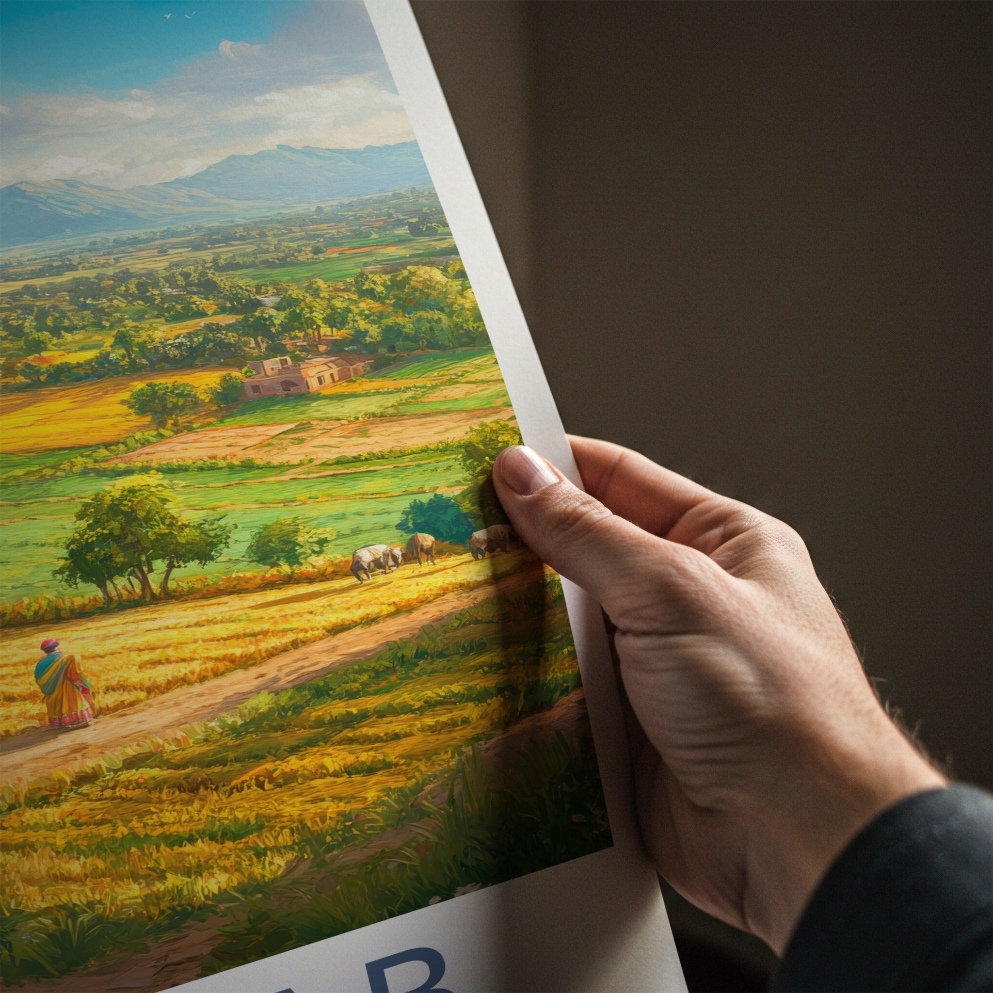 Punjab Poster - India Travel Print - Punjab Yellow Field Village Wall Decor