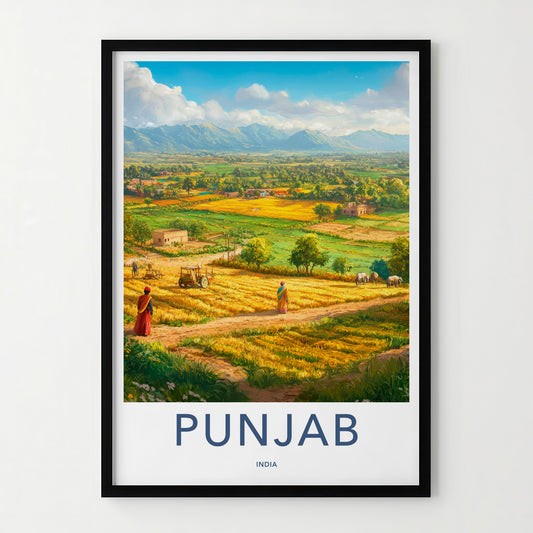 Punjab Poster - India Travel Print - Punjab Yellow Field Village Wall Decor