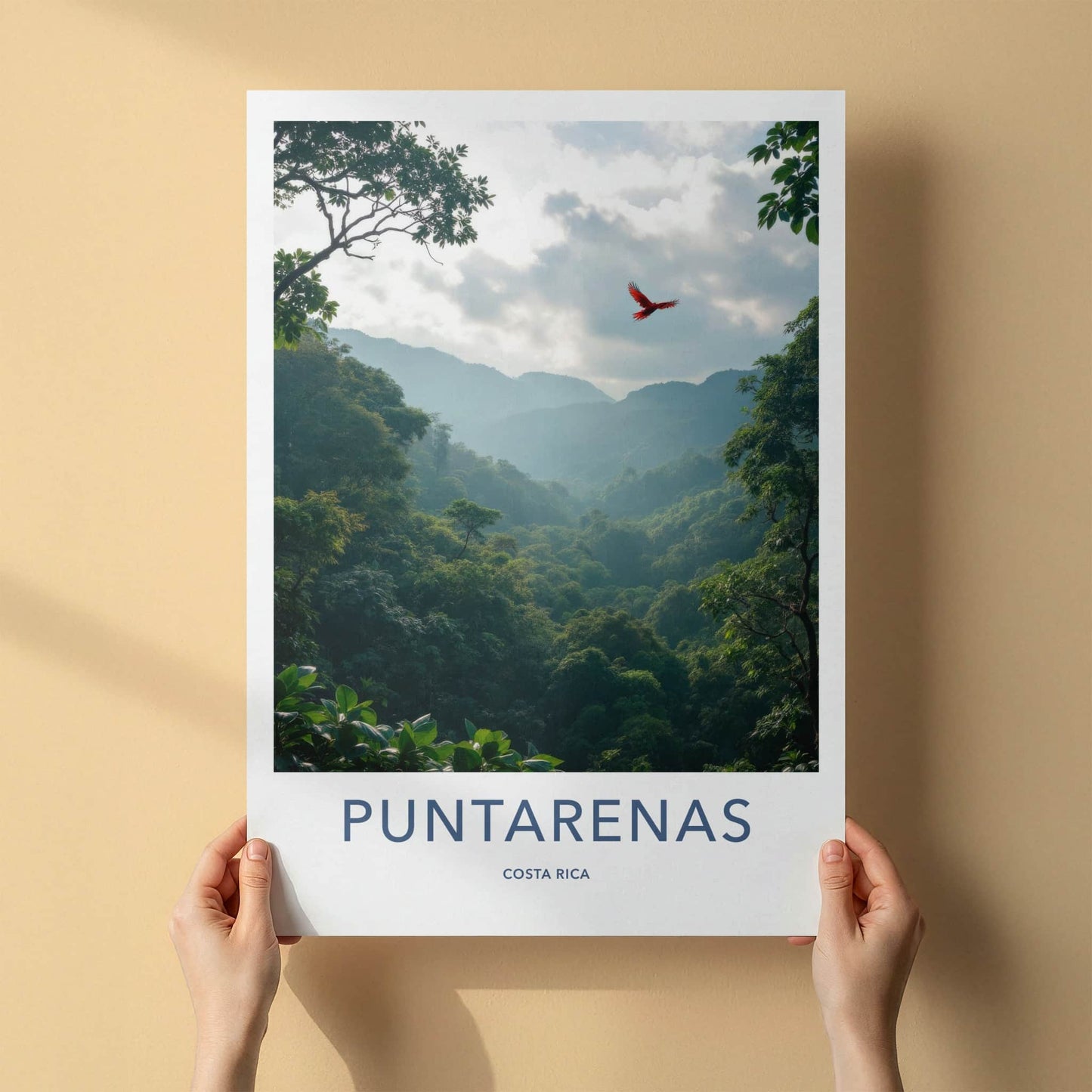 Puntarenas Poster - Costa Rica Travel Art - Flying Red Macaw Home Decor