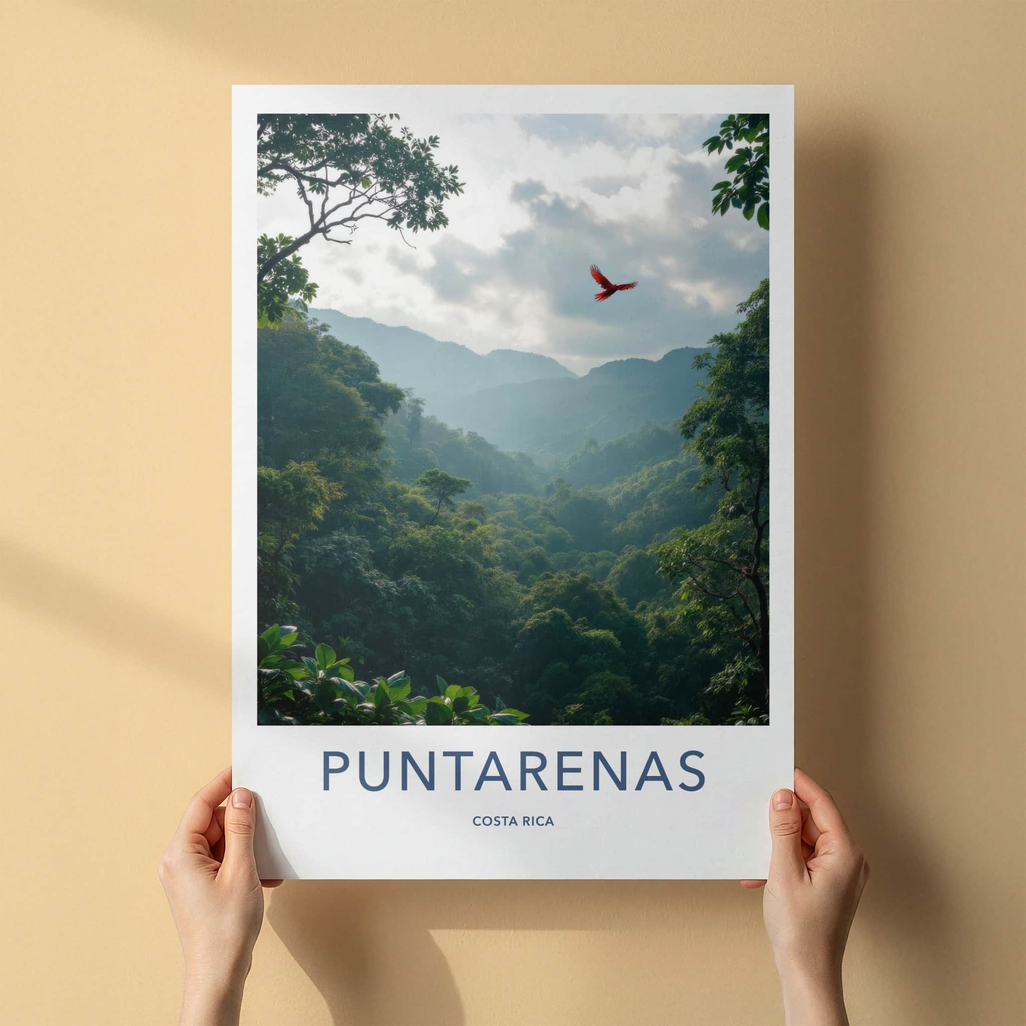 Puntarenas Poster - Costa Rica Travel Art - Flying Red Macaw Home Decor